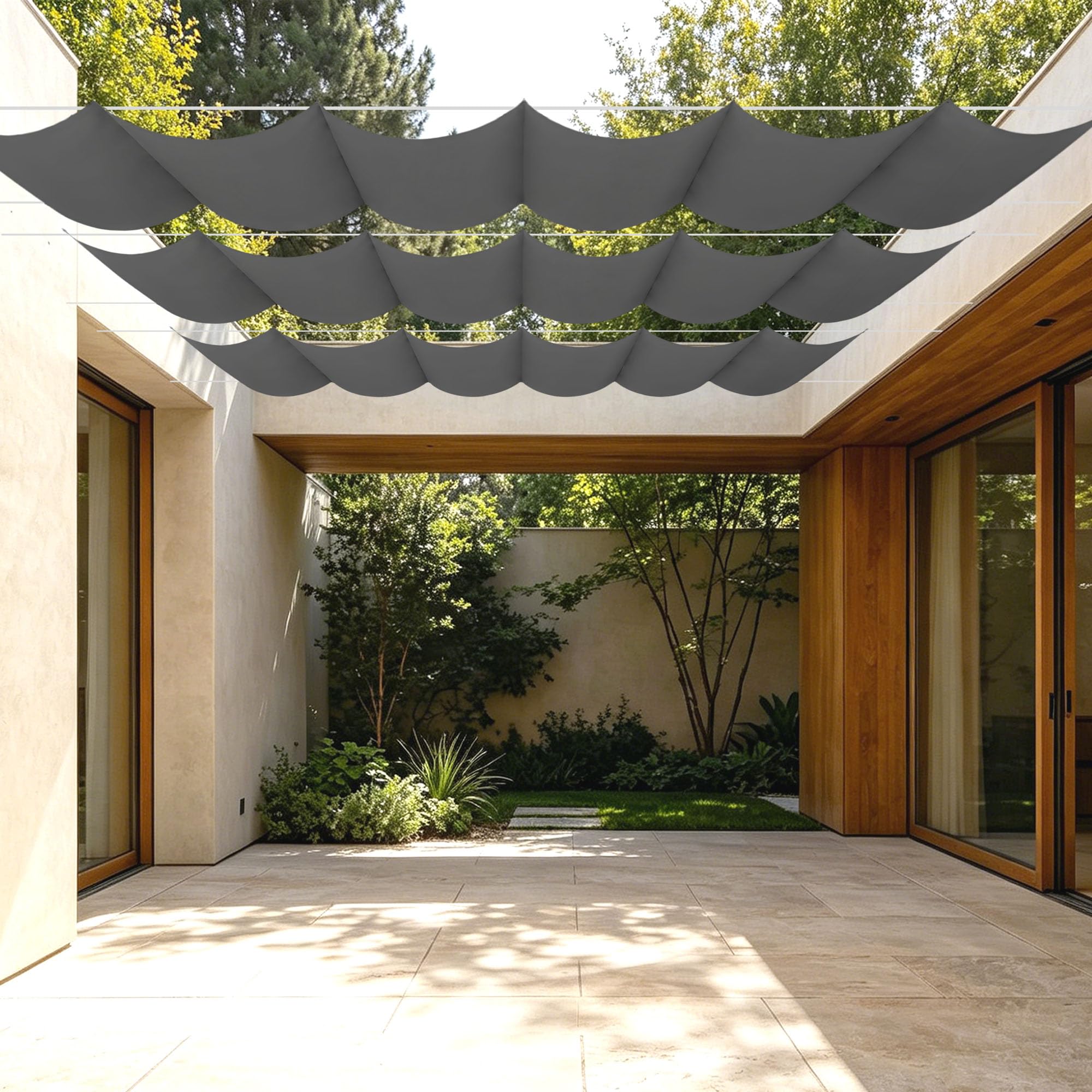 Filet bâche ombrage rétractable vague 350x400 gris foncé protection UV terrasse