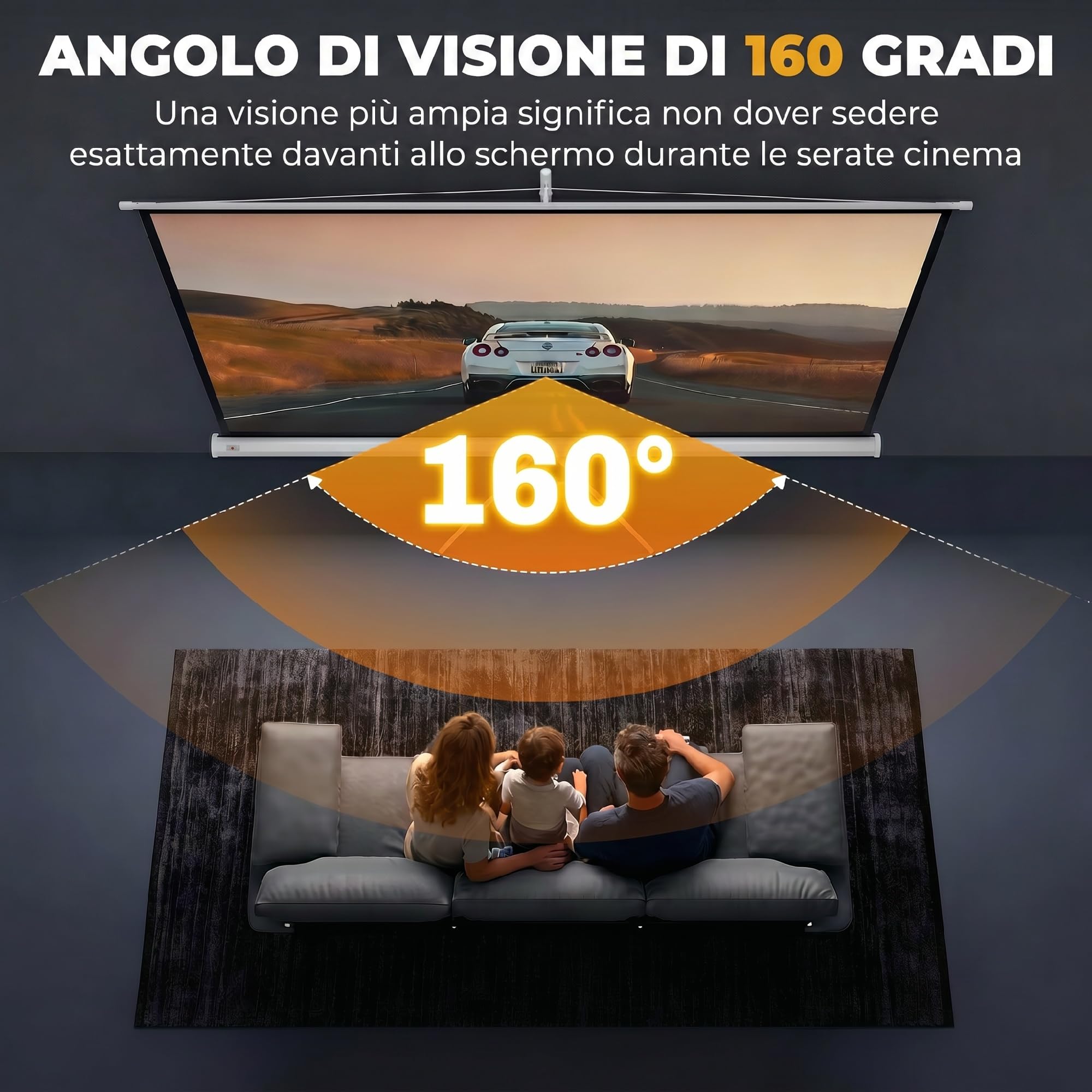 HOMCOM Telo Proiettore da 84 Pollici 4K HD Formato 16:9 con Treppiede Pieghevole e Altezza Regolabile, Schermo Proiettore Portatile, Grandangolo di 160 Gradi, per Casa, Home, Cinema, Esterno, Bianco