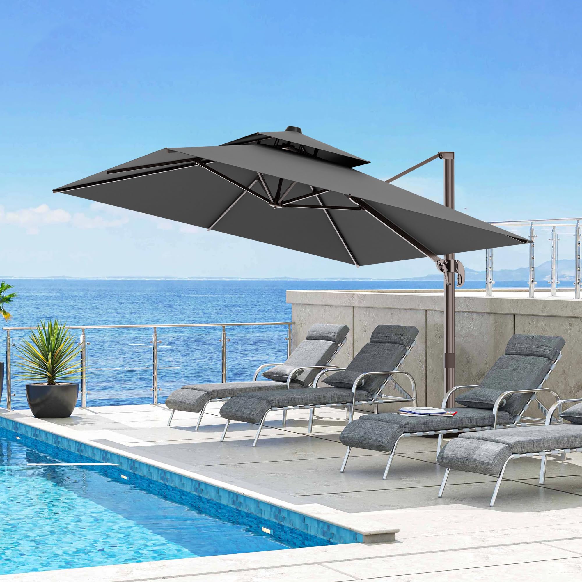 Sombrilla voladiza para terraza de 10x13 pies, sombrilla grande rectangular de doble parte superior, sombrilla resistente con rotación de 360°, con contrapeso, para exterior, sombrilla para 6