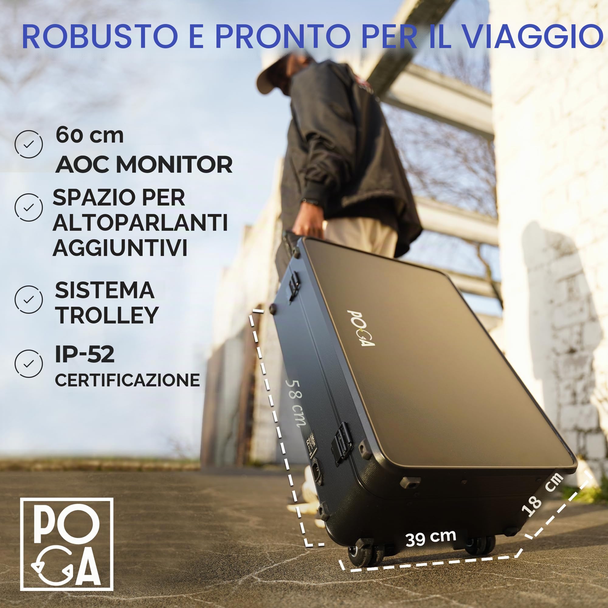 POGA Lux Black - Custodia da gioco (compatibile con PlayStation 5), valigia da viaggio con monitor da gioco AOC da 24'' e carrello - Nero