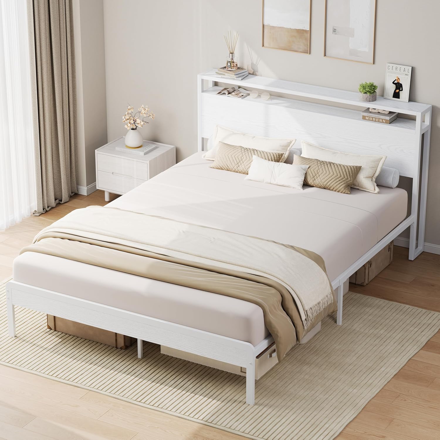 LIKIMIO Queen Bed Frame with Headboard, Wood Camas Queen with Strong Supports, Sturdy, Noise-Free, No Box Spring Needed, White