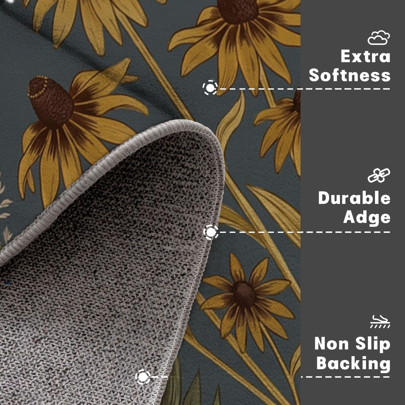 60X90Cm Zerbino Ingresso Interno Antiscivolo Assorbente, Tappeto Microfibra Sottile Lavabile Con Silhouette Retrò Fiori Selvatici Piante Naturali Rurali Per Cucina Bagno Porta Animali, Antracite