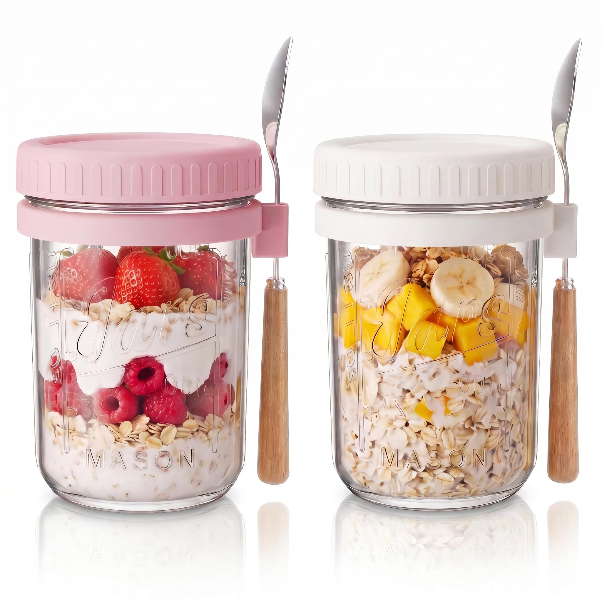 Glass Overnight Oats Containers with Lids and Spoon, 16 oz Wide Mouth Mason Jars for Overnight Oats, Cereal, Yogurt, Salad Lunch Container with Measurement Marks - Pink&White 2 Pack-image-8