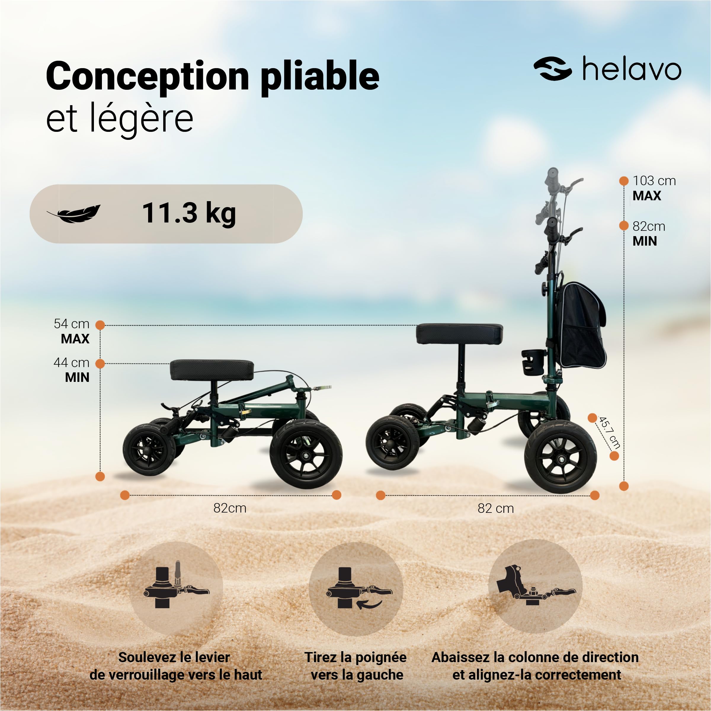 Helavo Trottinette à genoux avec pneus en caoutchouc massif anti-crevaison – Trottinette pliable pour blessures à la cheville, au pied ou au bas de la jambe, Knee Rover