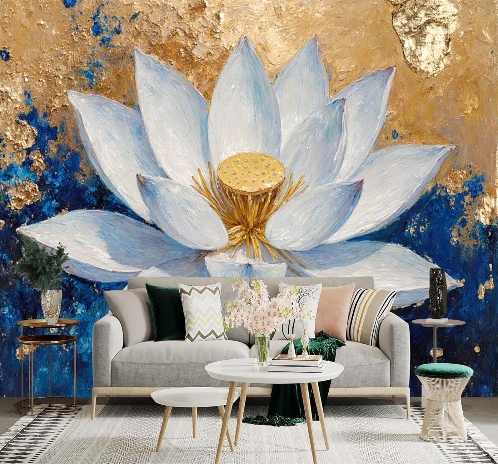 XLMING Hand Drawn Minimalist White Lotus Abstract Blue and Gold 3D Wallpaper Premium Textured Silk Study Dining Living Room Bedroom Sofa TV Wall Easy Install-350cm×256cm