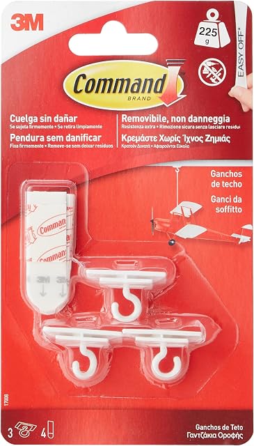 Command Ceiling Hooks, Multicoloured, 10 x 17.5 x 2.8 cm, 3 hooks and 4 small strips