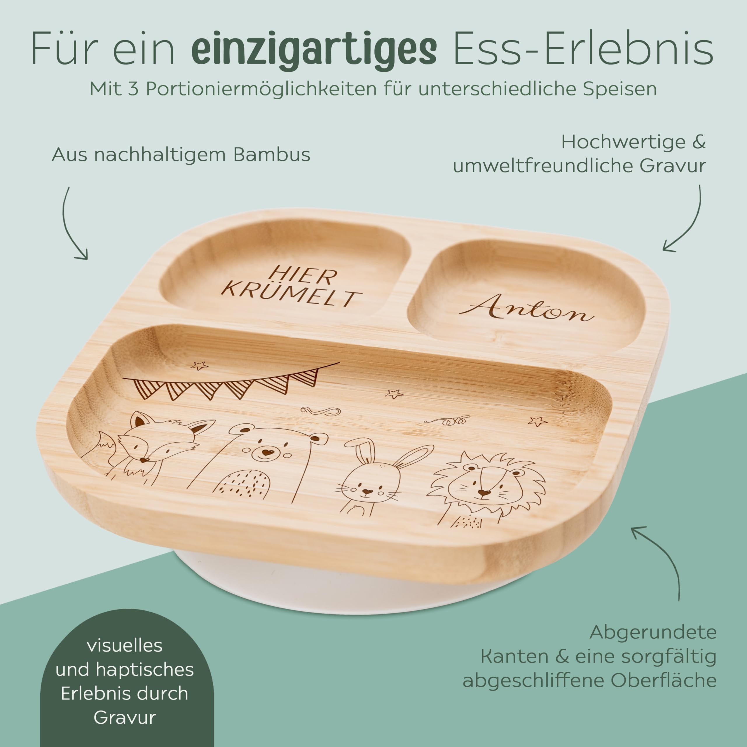 wunderwunsch - Personalisierter Baby Teller mit Saugnapf - Praktisches Kleinkind Zubehör mit Namen - Kinder Teller Rutschfest - Personalisierte Geschenke Geburt