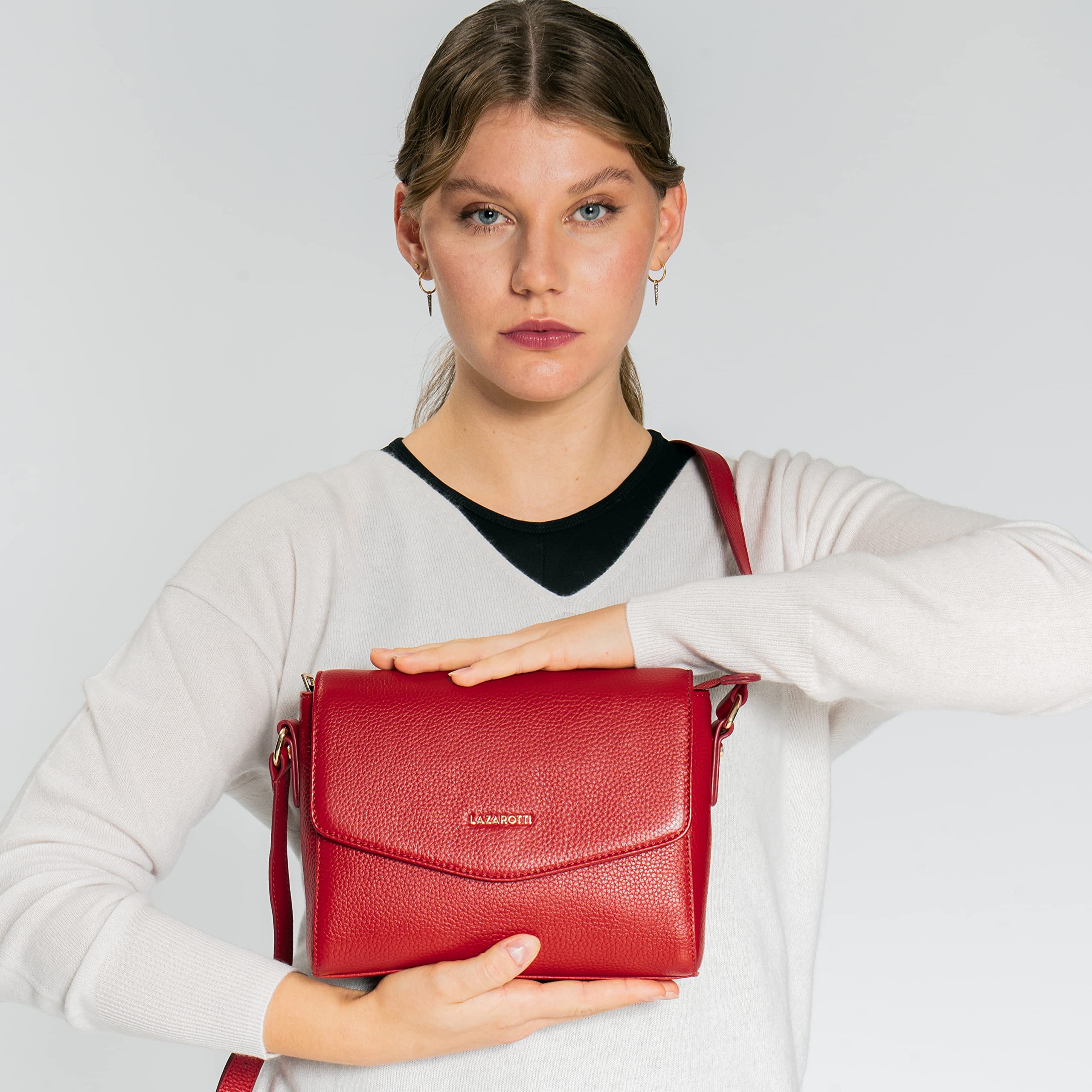 Lazarotti Bolonia - Bolso bandolera de piel para mujer, correa de hombro ajustable, tamaño mediano, 22 cm