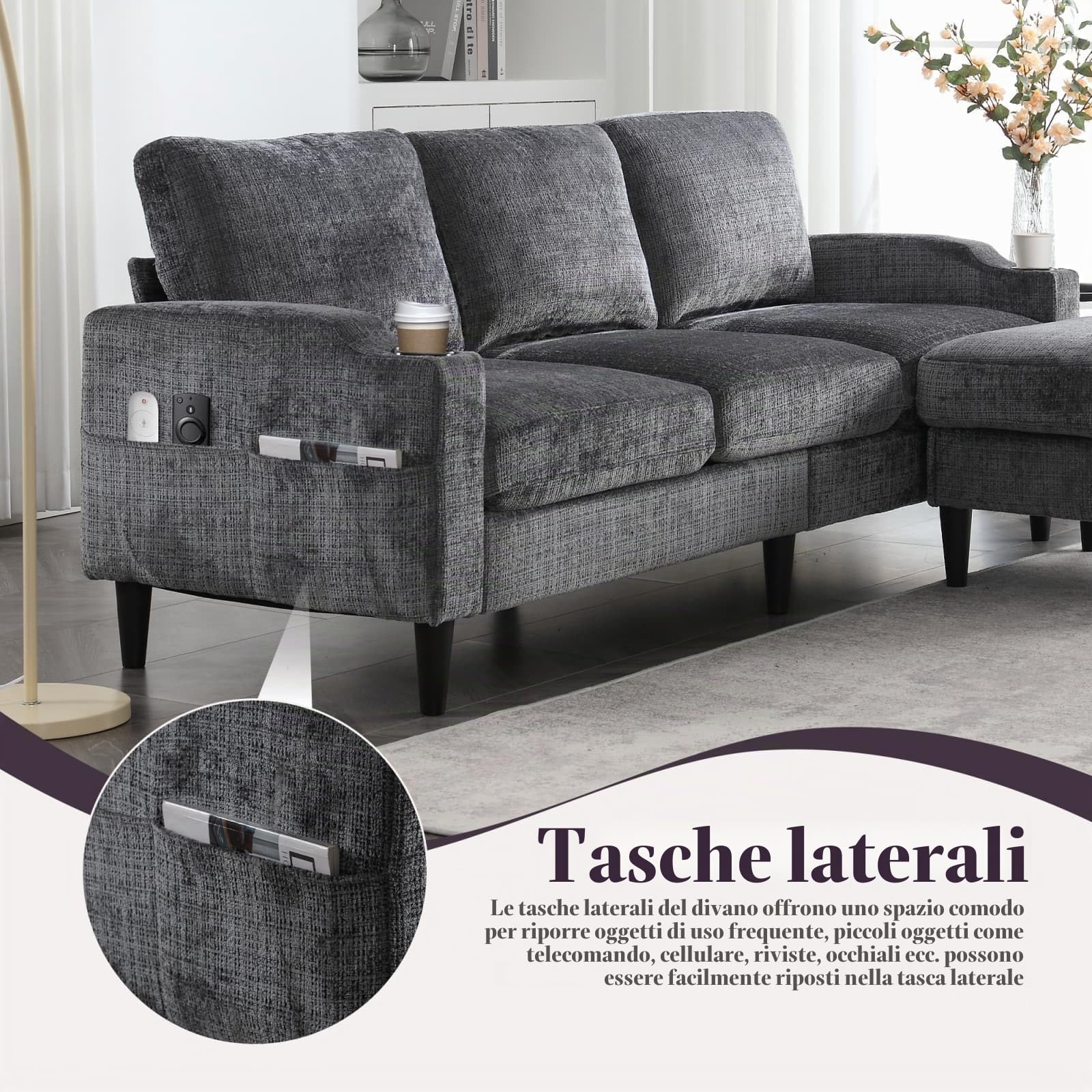 Divano componibile moderno a 4 posti, divano ad angolo in ciniglia, con uno sgabello portaoggetti rimovibile, 2 portabicchieri e tasca portaoggetti laterali (grigio)