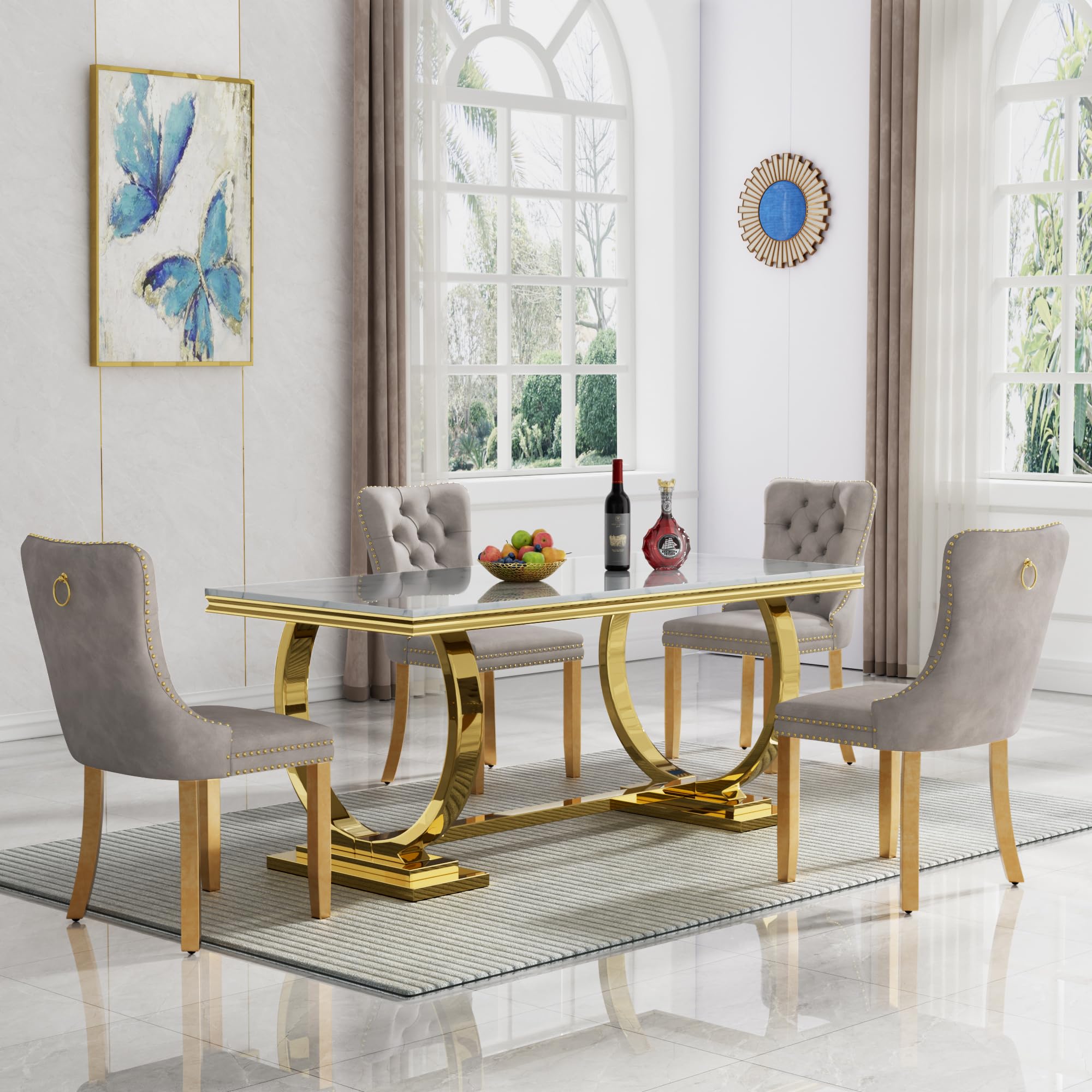 5 Piece Marble Dining Table Set for 4, Luxury White Marble Gold Kitchen Table with 4 Grey Velvet Upholstered Chairs, Modern 4 Person Dining Room Table Set for Kicken Dining Office Room