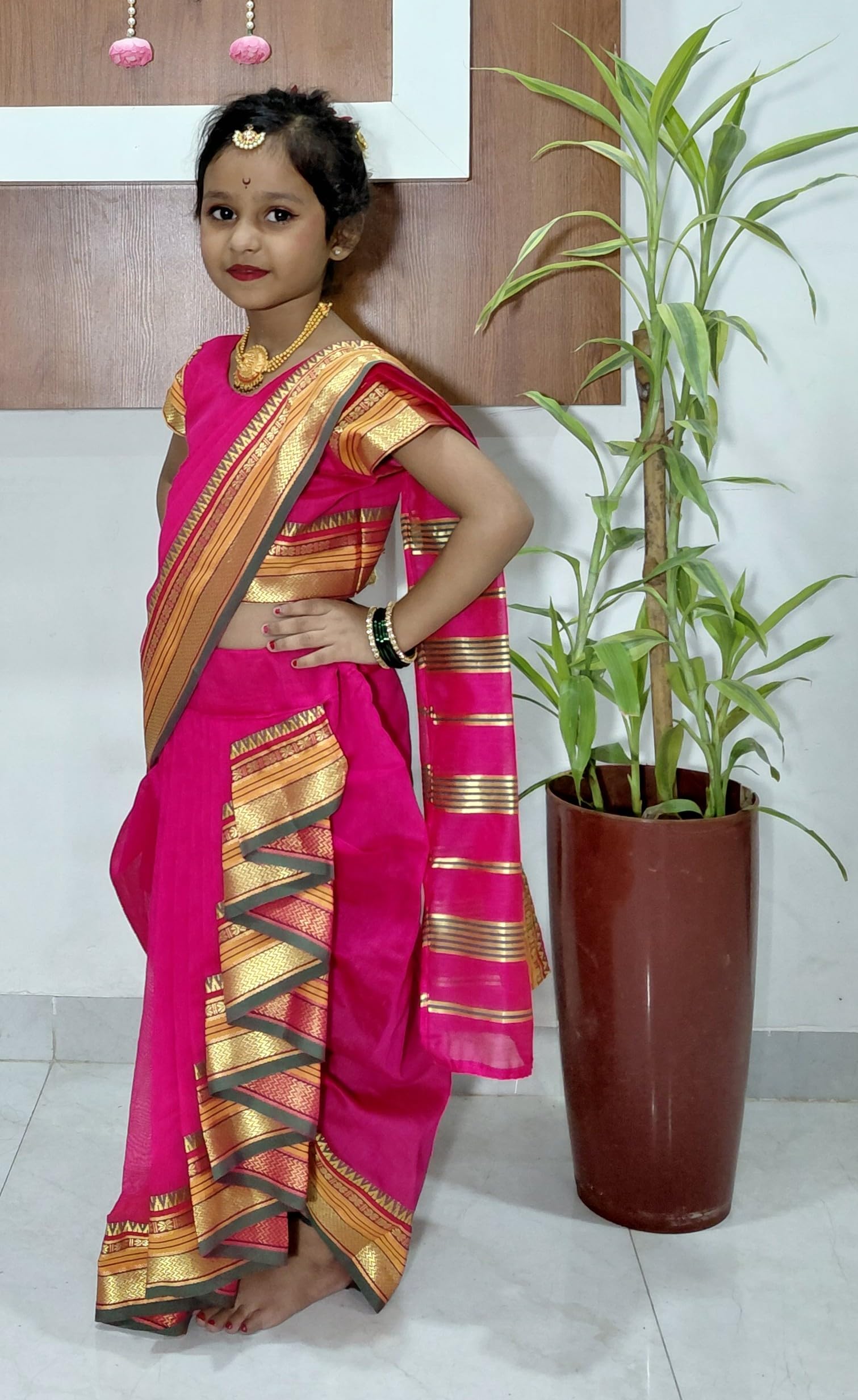 Mom and Me Girls' Ready-to-Wear Mastani Nauwari Saree with Stitched Blouse | Traditional Maharashtrian Ilkal Border | Soft Acrylic Cotton | Age 12 Months to 15 Years (Pink, 7-8 Years) - Image 6 thumbnail