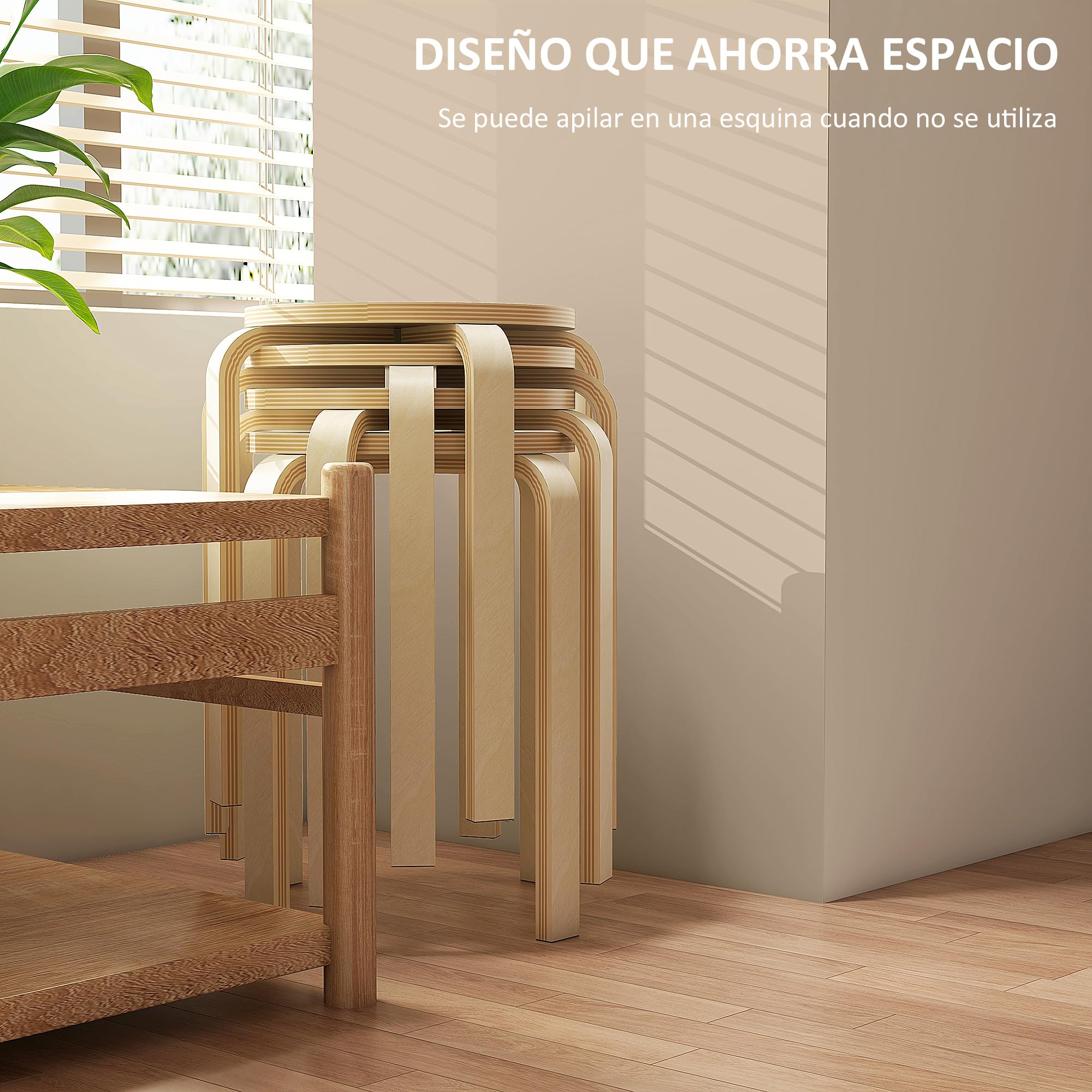 HOMCOM Taburetes Apilables Juego de 4 Taburetes Multiusos Madera Redondos Carga 120 kg para Cocina Salón Dormitorio Estudio Ø40x45 cm Madera Natural