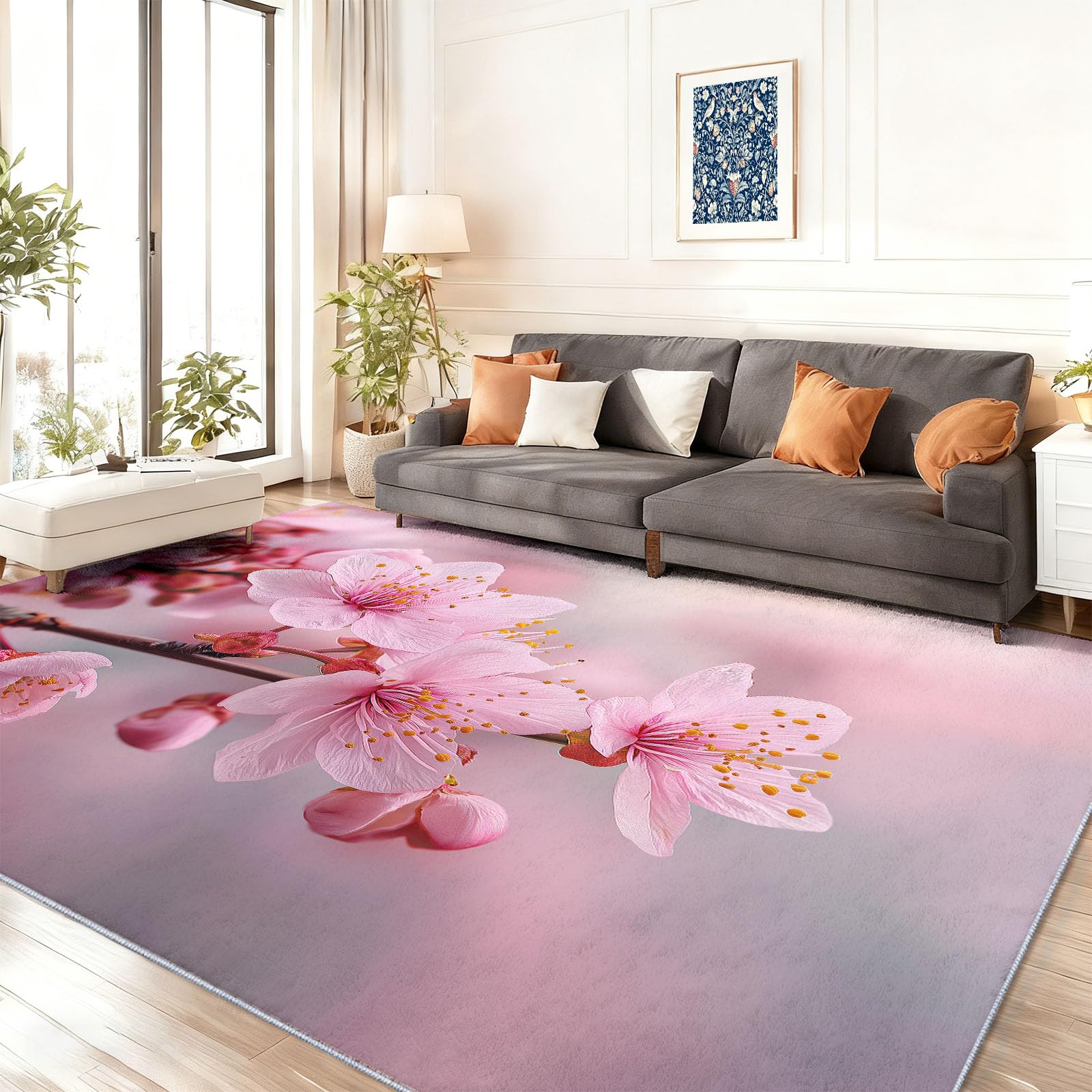 Dywany do salonu, 140 x 200 cm, różowy, można prać w pralce, dywan fotograficzny, miękki w dotyku, antypoślizgowy, nie gubi włosia, łatwy do czyszczenia, rośliny, gałązki, kwiaty, kwiaty wiśni, dywan