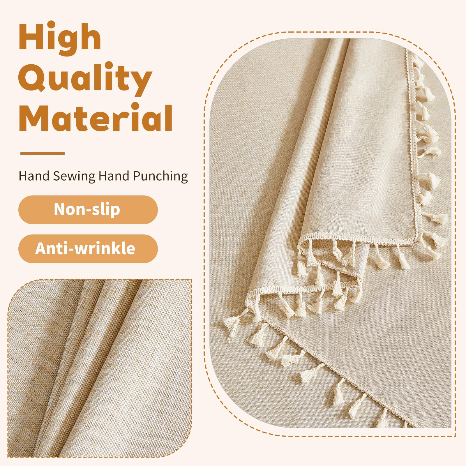 Nappe Beige, Rectangulaire 155 x 350 cm, à Pompons, n Lin Nappe, Unie et de Haute Qualité, pour Cuisines, Salles à Manger, Salons et Espaces Extérieurs.