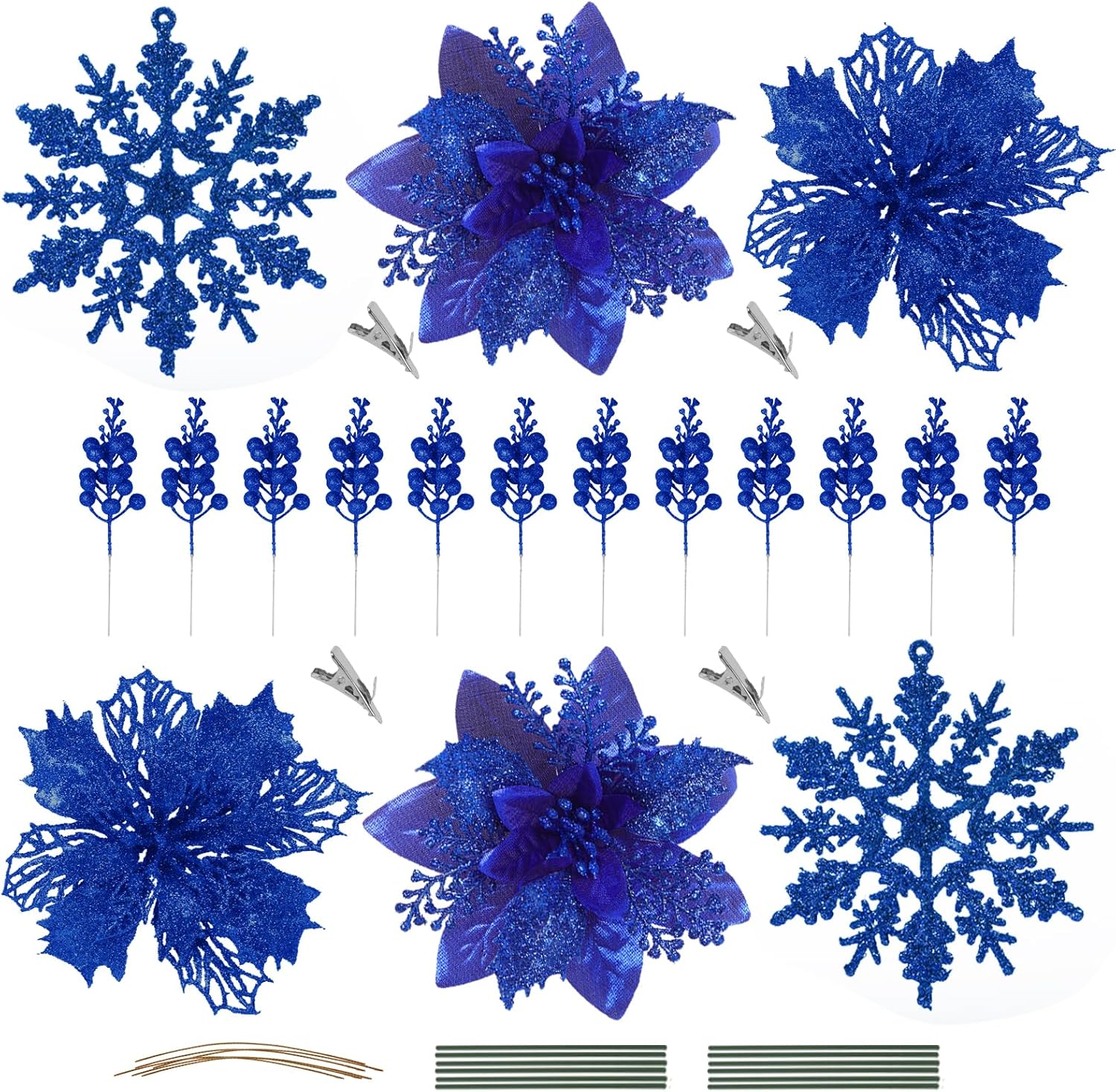 RECUTMS 60 Pcs Christmas Poinsettia Flowers Glitter Artificial Christmas Tree Flower Set with Clips for Xmas Home Decor DIY Blue Berry Stems Wreath Decorations Poinsettia Tree Ornaments RECUTMS 60 Pcs Christmas Poinsettia Flowers Glitter Artificial Christmas Tree Flower Set with Clips for Xmas Home Decor DIY Blue Berry Stems Wreath Decorations Poinsettia Tree Ornaments