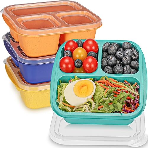 Miniatura 8 de Caja Bento para niños, paquete de 4 recipientes de 3 compartimentos para preparación de comidas, contenedores de almuerzo reutilizables, recipientes