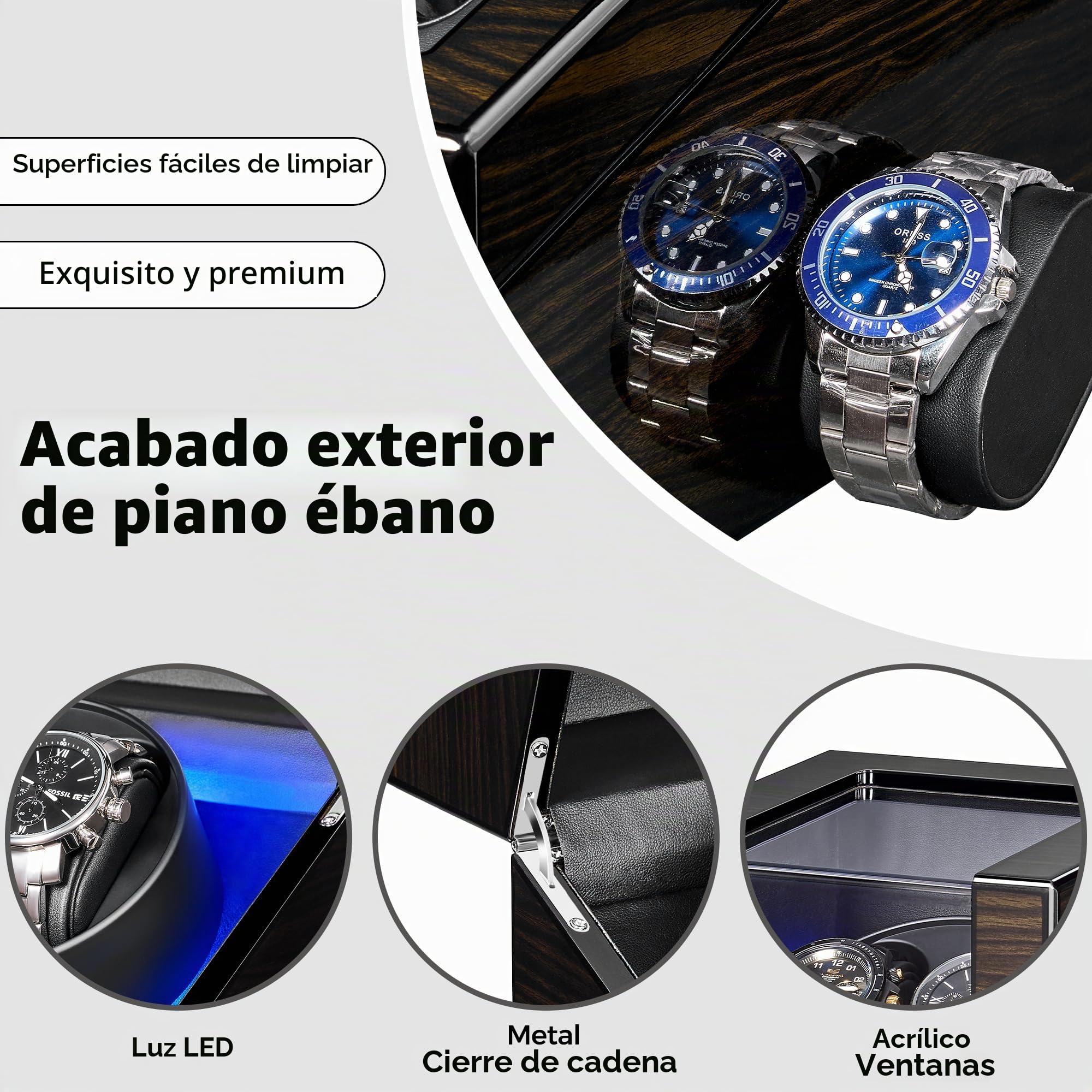 ANWBROAD Cajas Giratorias Para Relojes Automáticos, Nueva Caja Giratoria Para Relojes Automáticos con Acabado Lacado Piano, Caja Giratoria con 4 Modos de Rotación, Motor Silencioso, JWW001E