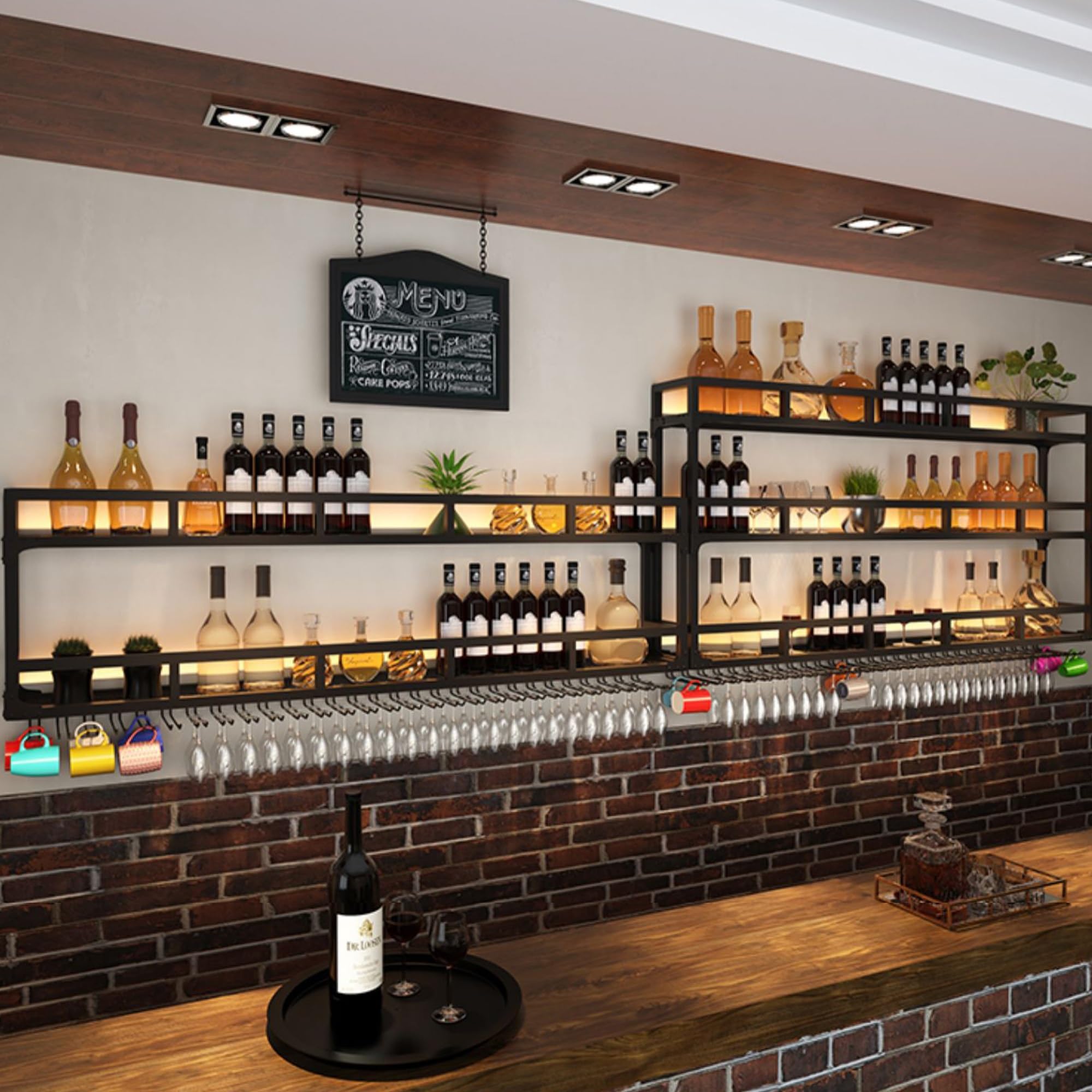 Botellero Vino de Pared Mueble Bar Garrafeira de Vino Wine Rack Estanterias Colgantes con Soporte Copas Colgante y Luz LED para Salon Barra para Bar Mini Bar para Casa Sala de Estar y Cocina(Nero,150c