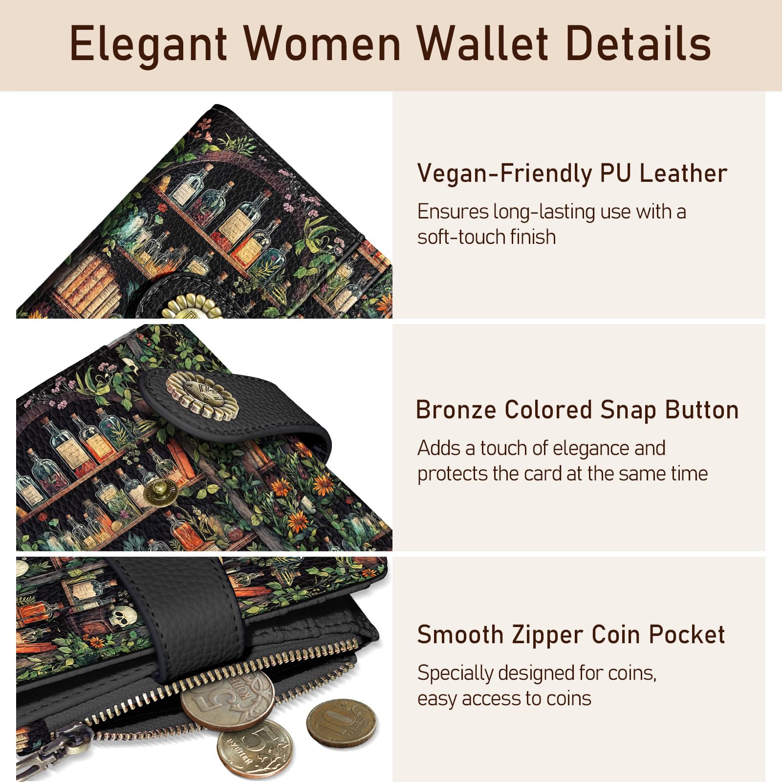 Bookshelves Skull Goth Gothic Small Rfid Women Wallet Bifold Zipper Coin Pocket PU Leather Compact Cash Credit Card Holder Travel Wallet Female Ladies Teen Girls 1 ID Window 10 Card Slots