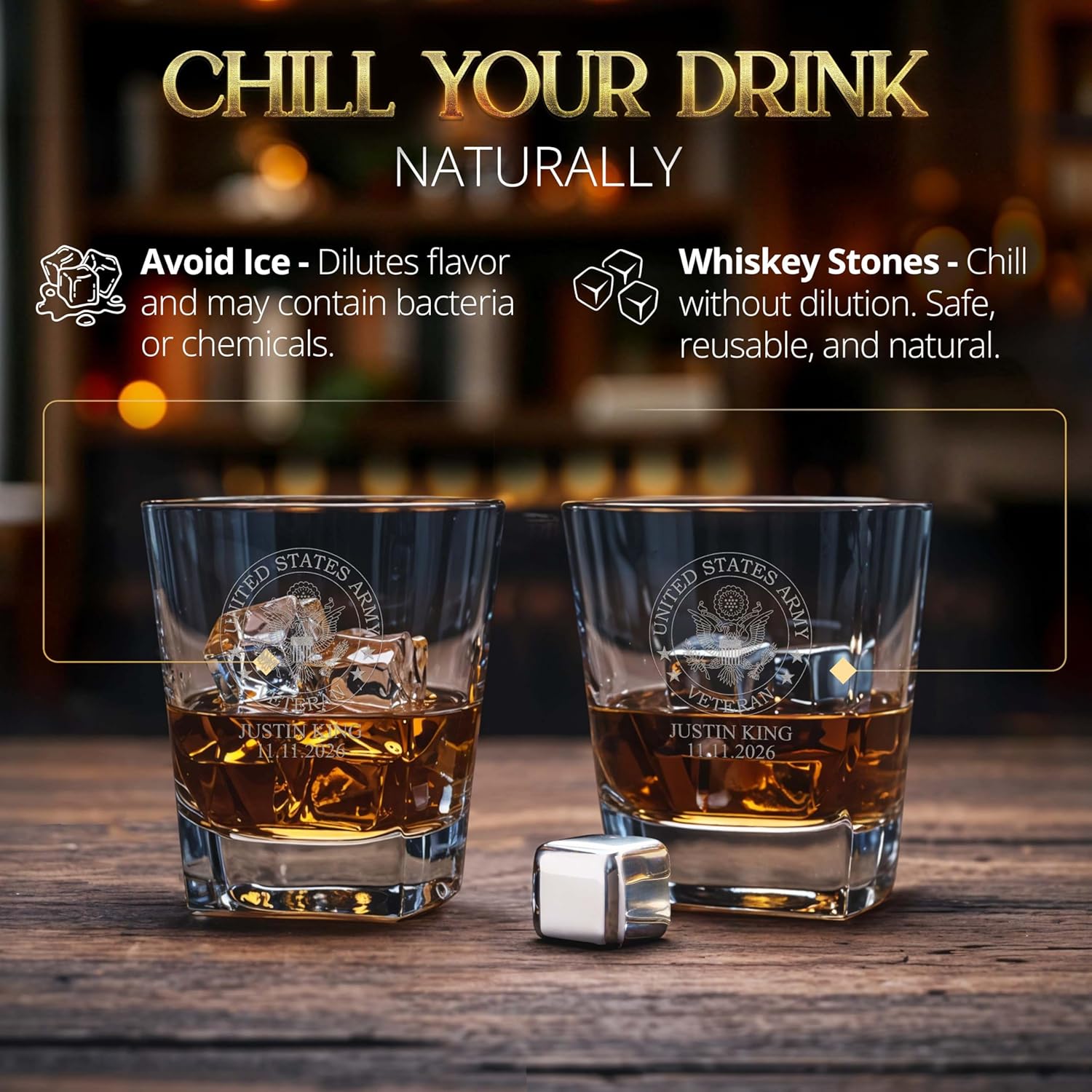 Custom Engraved Army Veteran with Name and Date Whiskey Decanter Gift Set – 23 oz Liquor/Bourbon Decanter with Glasses, Whiskey Stones & Tongs – Premium Whiskey Gift