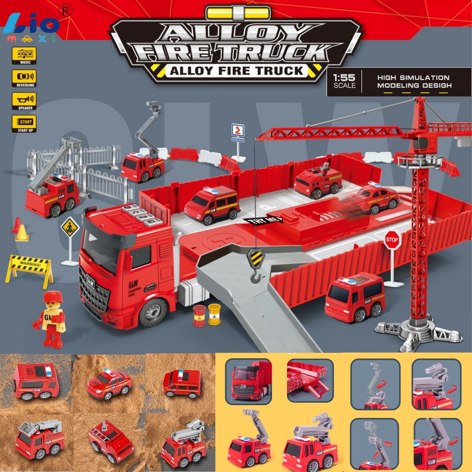 Camion Pompieri per Bambini, Veicoli da Cantiere, Veicolo Giocattolo da Trasporto con Musica e Luci, 6 Mini Camion Pompieri, Giocattolo Della Gru