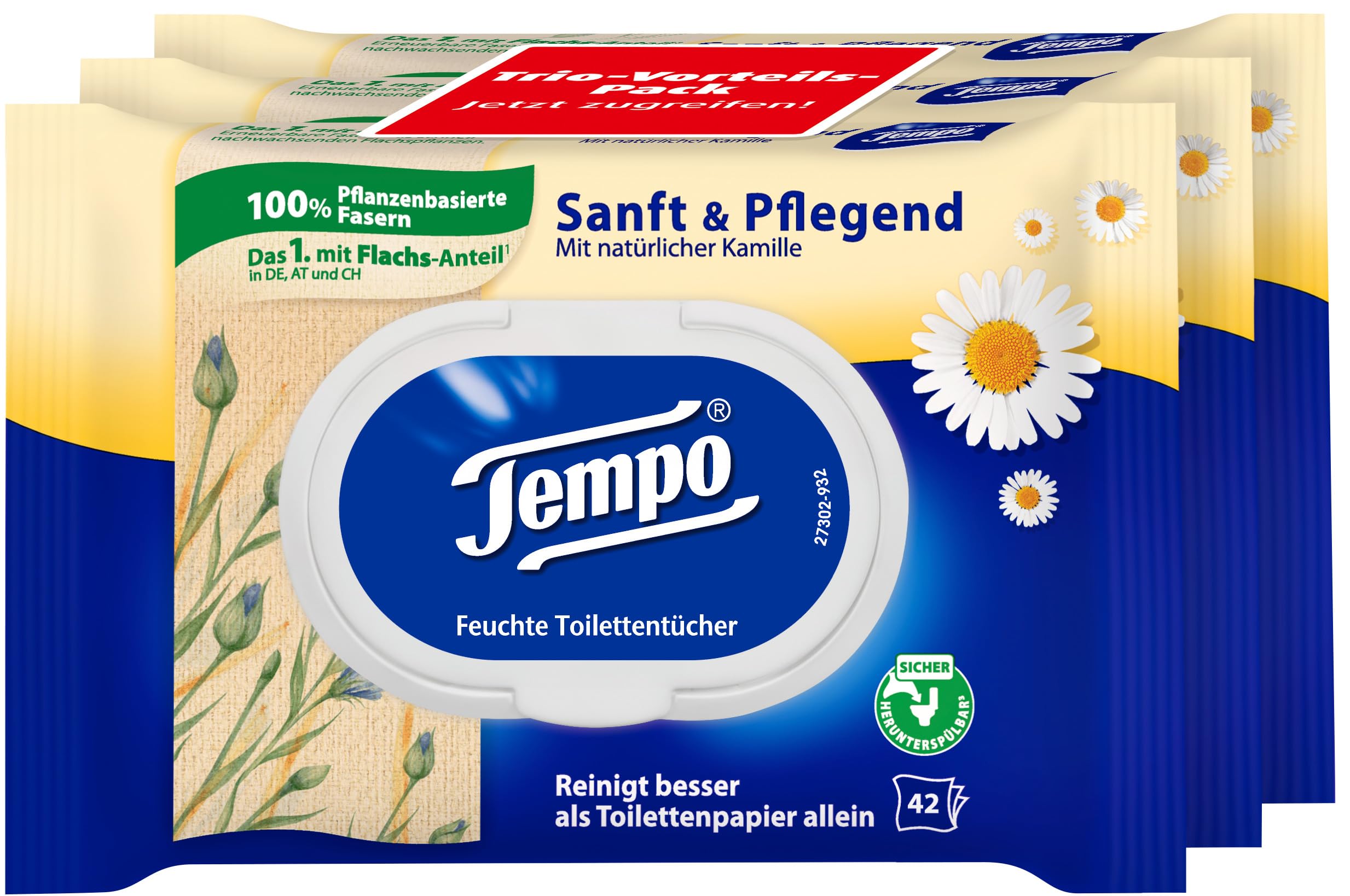 Tempo Toilettenpapier feucht Tempo Sanft Pflegend Trio-Pack (18 (6 x 3) Packungen x je 42 Blatt), Großpackung, 1 kg