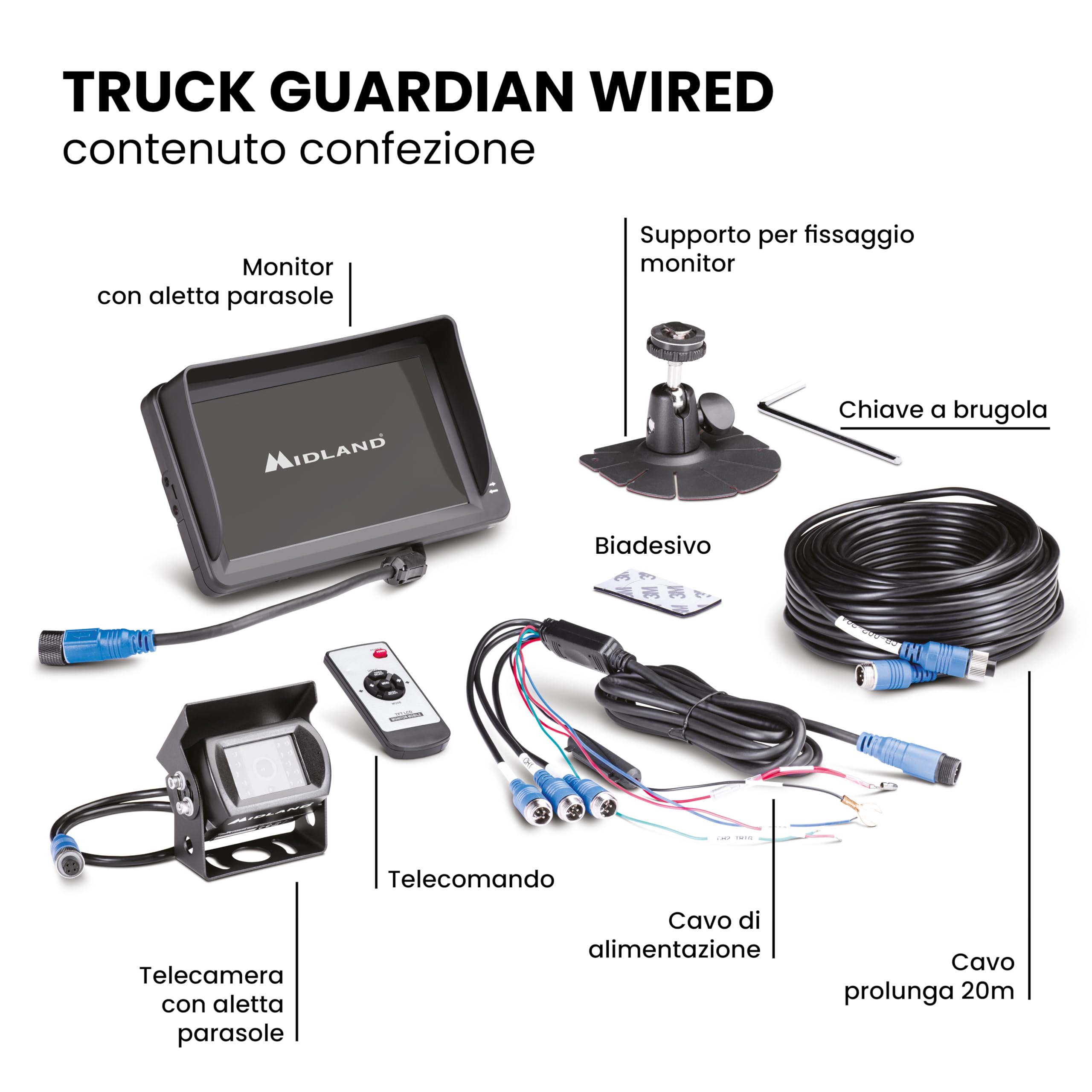 Midland - Retrocamera Camper e Camion Truck Guardian Wired, Telecamera Retromarcia a Filo per Manovra e Sorveglianza - Full HD, Visione Notturna, 3 Telecamere, Telecomando, Angolo 110°, Cablaggio 20m