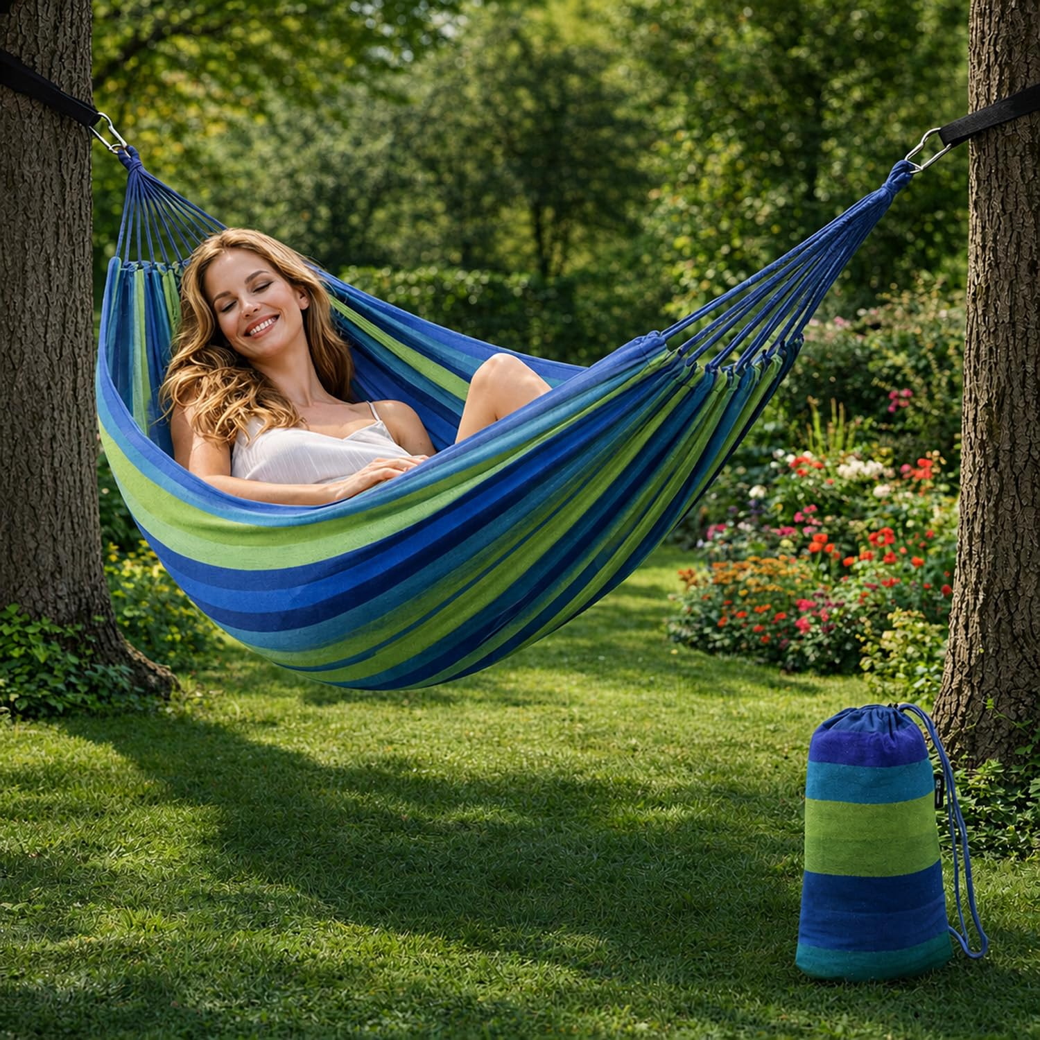 Amaca Da Campeggio E Giardino Con Sacca Trasporto Cinghie E Moschettoni Inclusi Struttura Anti Ribaltamento Cotone Resistente Portata 300 Kg 210 x 150 Cm Blu