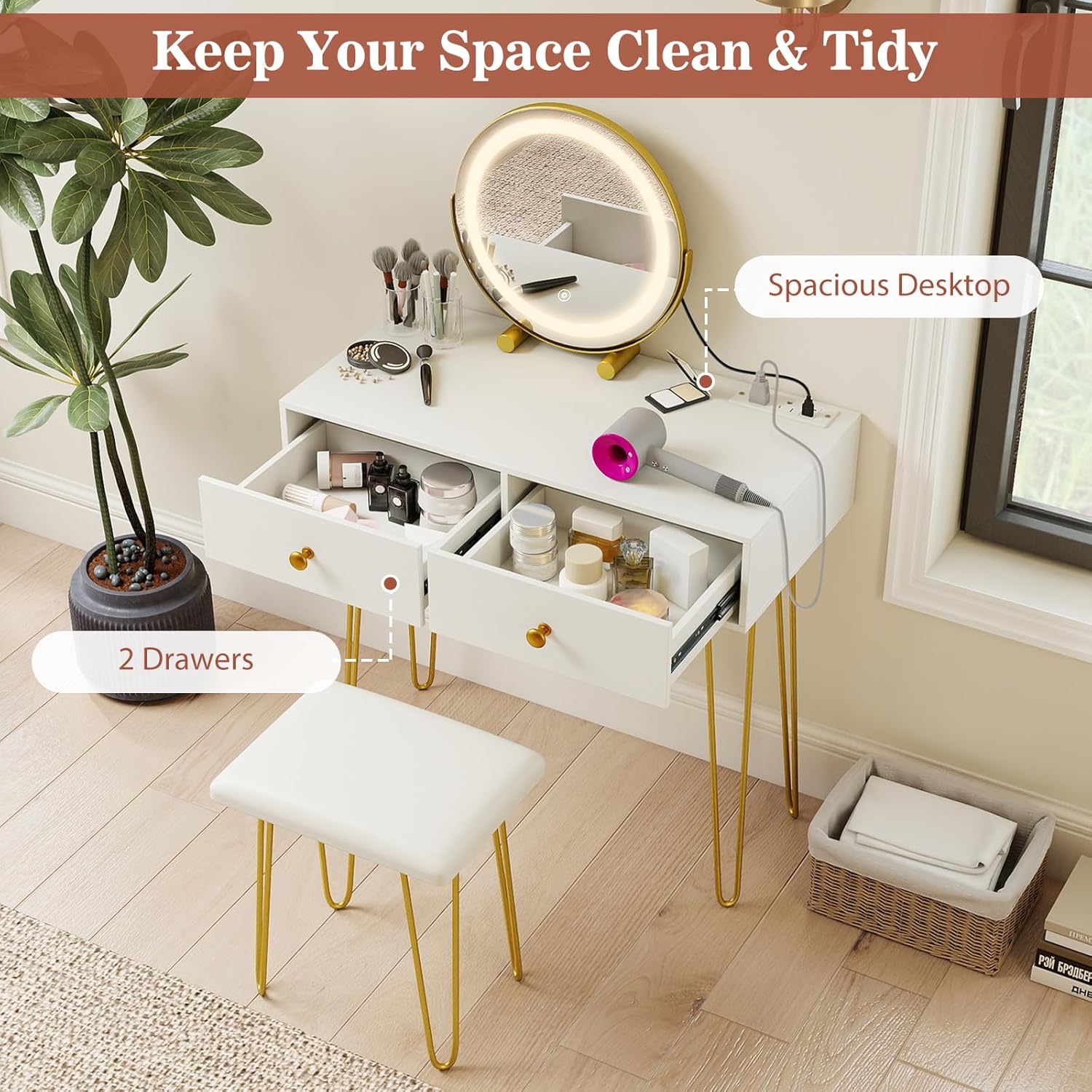 LOKO Vanity Desk with Mirror & Lights, Modern Makeup Dressing Table with Lighted Adjustable Mirror, Built-in Charging Station, 2 Drawers, Upholstered Stool & Metal Legs, for Bedroom (White)