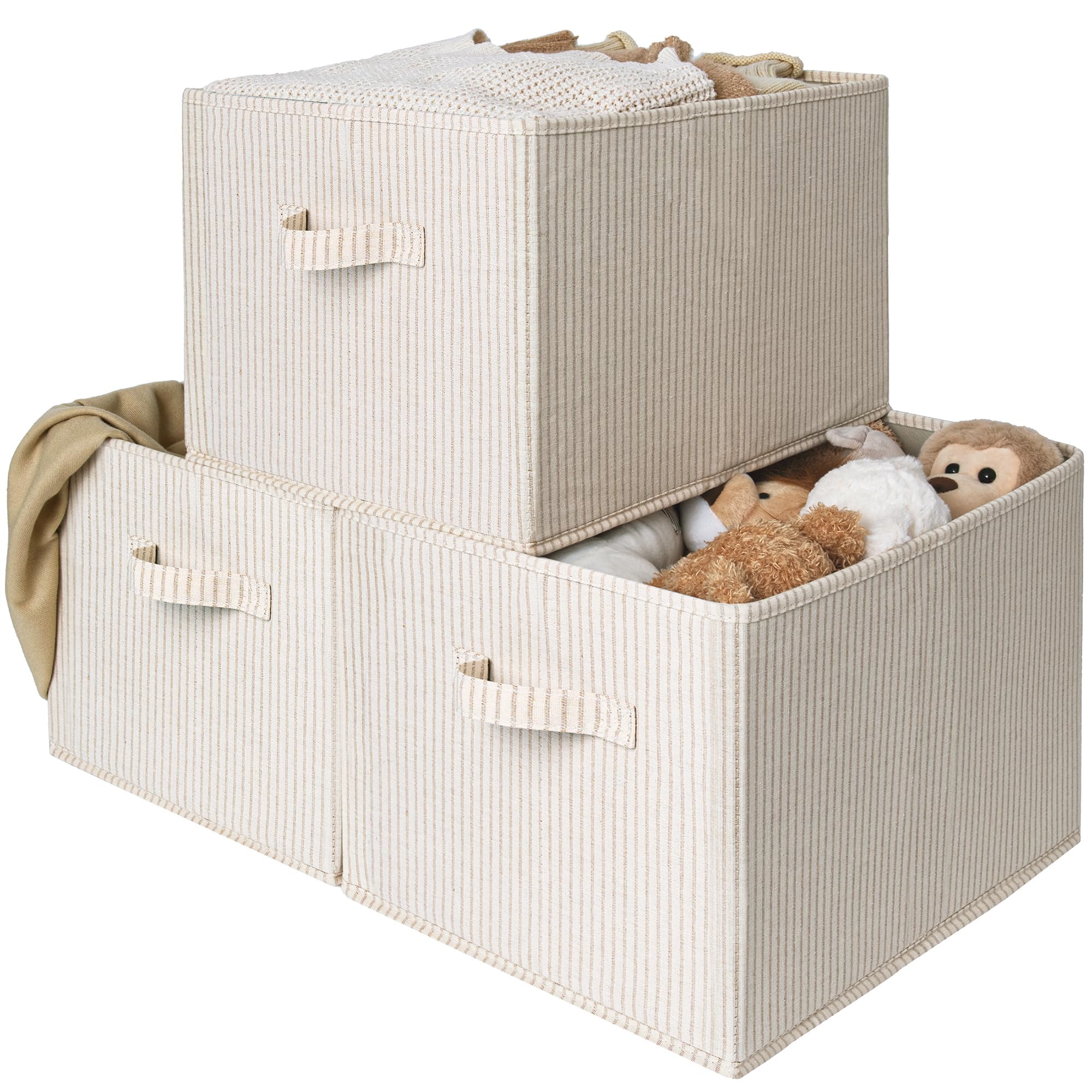 Photo 1 of StorageWorks Shelf Organizer Bins, Beige Stripes, Extra Large, 3-Pack