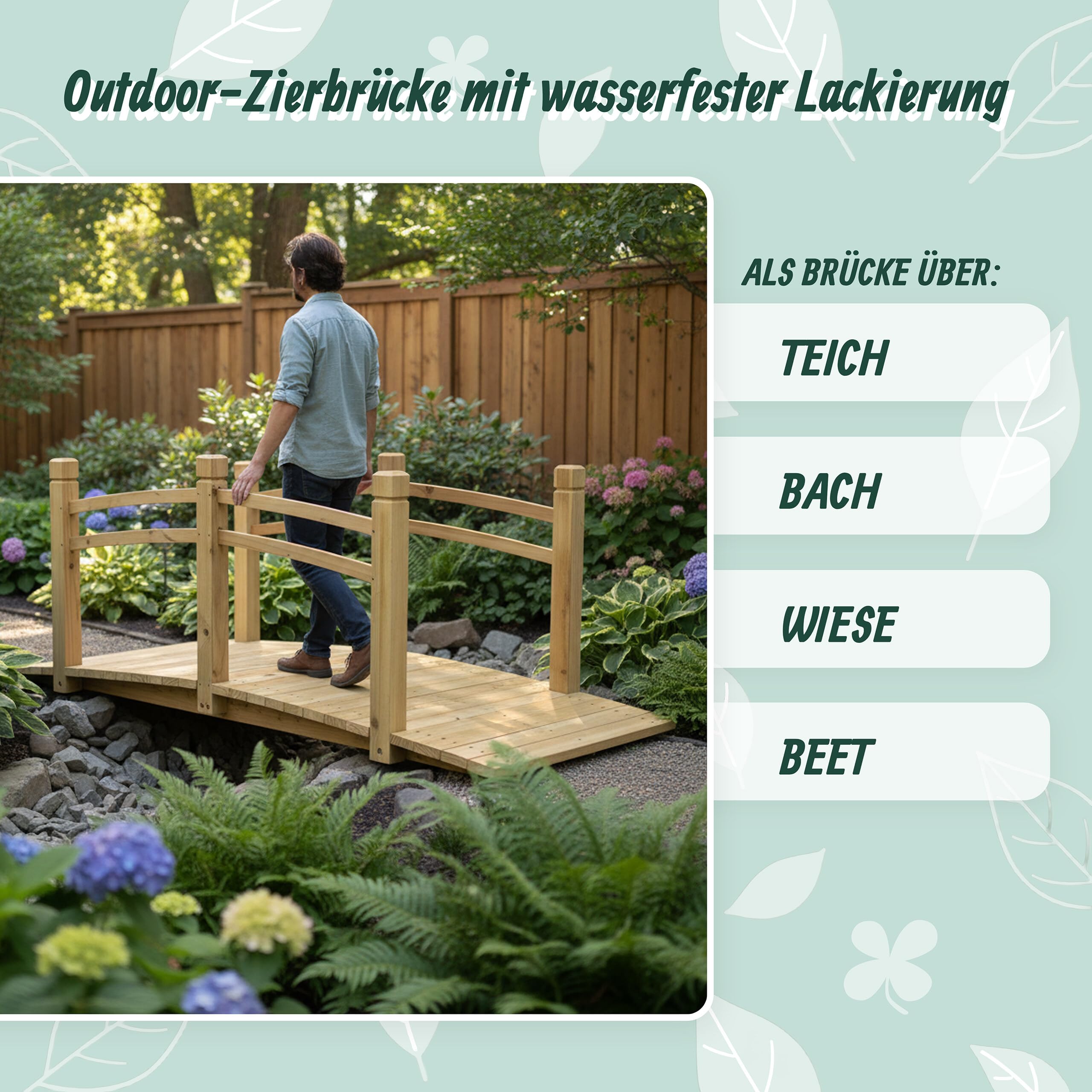 Relaxdays Garten Brücke, mit Geländer, Tannenholz, für Gartenteich, HxBxT: 55 x 150 x 67 cm, 150 kg, Holzbrücke, Natur