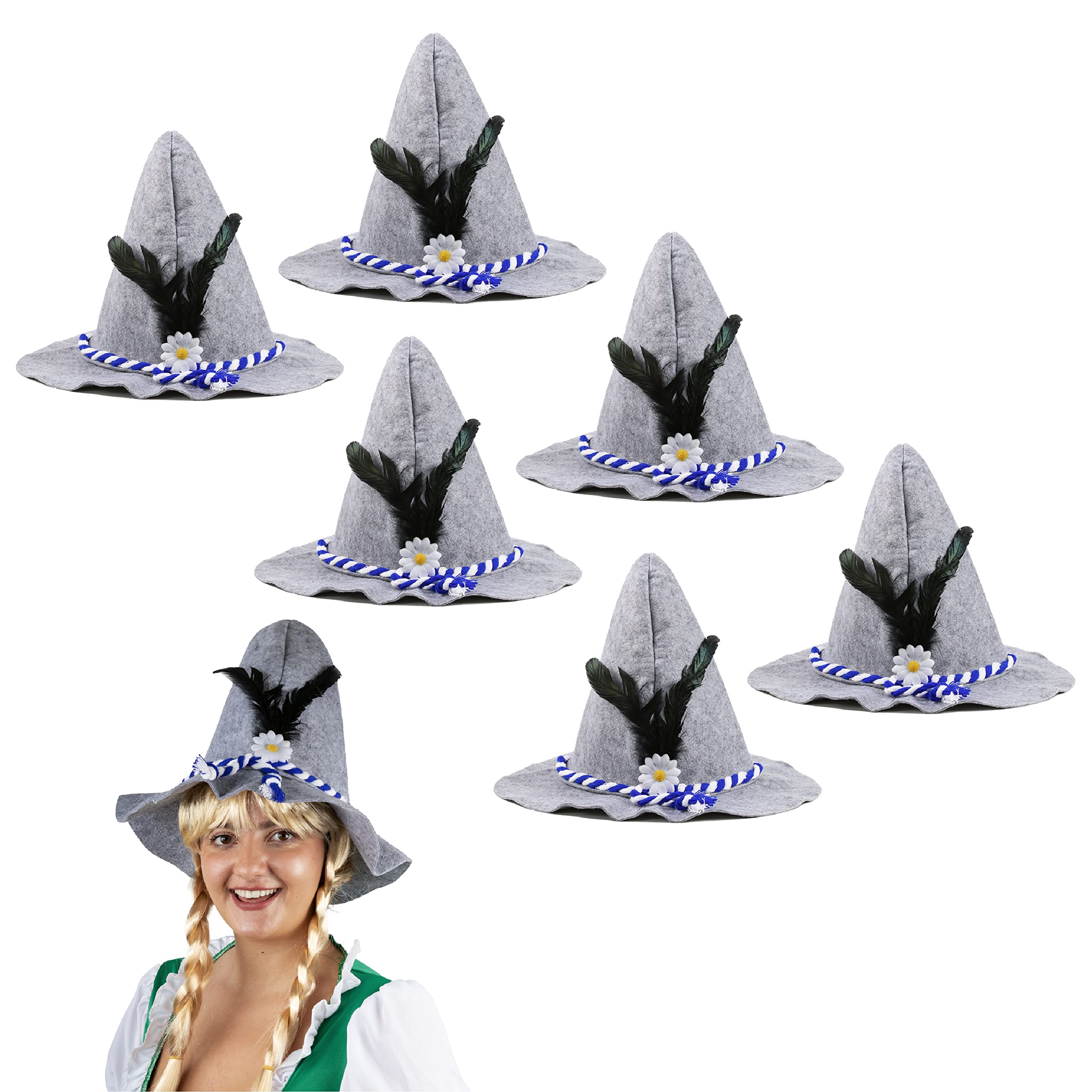 I LOVE FANCY DRESS Oktoberfest Bavarian Hats - Pack of 48 - Grey Bavarian Seppel Hat with Feather and Flower Details - Adults German Oktoberfest Hat