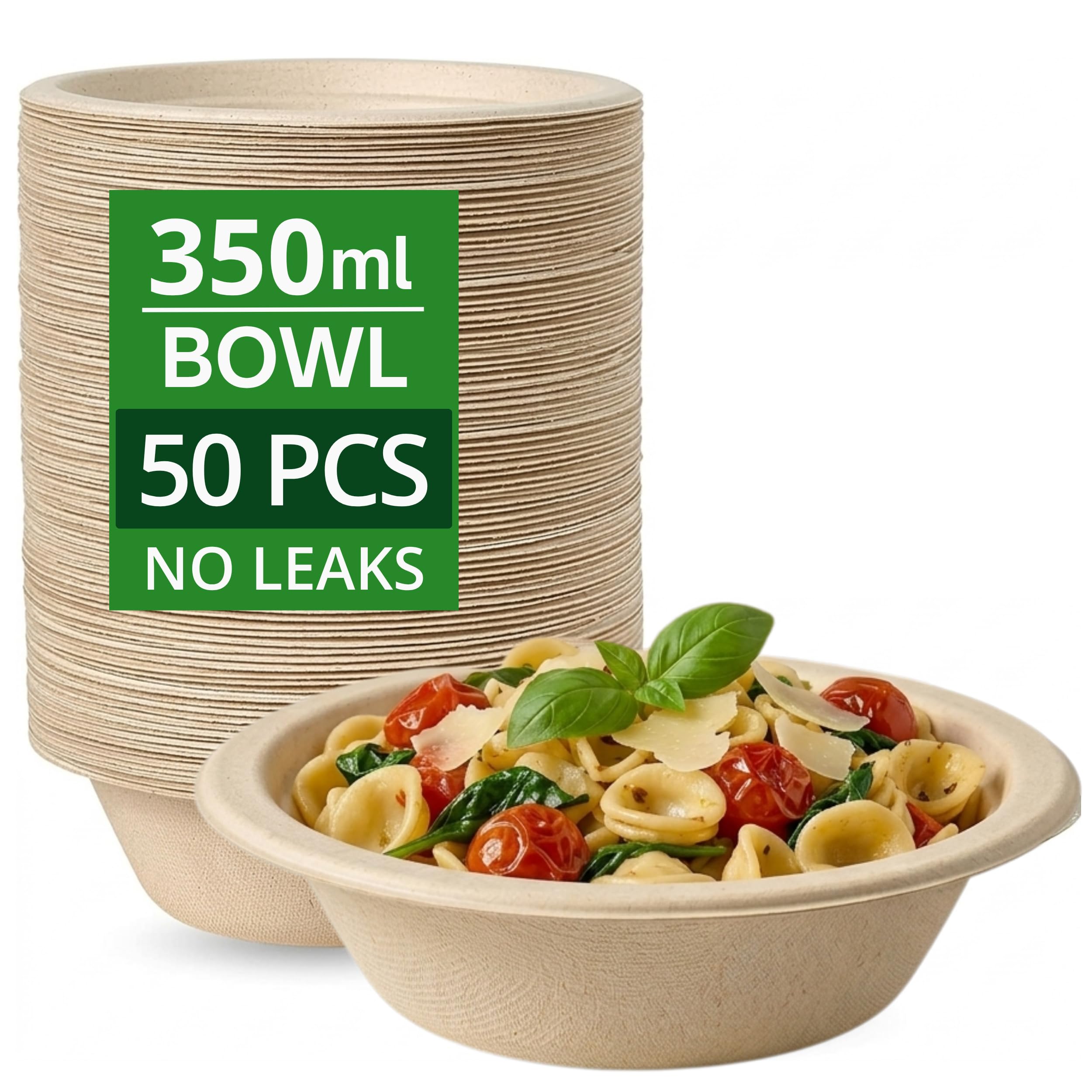 Strong Paper Bowls (350ml / 50 Pack) Disposable Compostable Natural Bagasse Bowls for Party – Biodegradable Eco-Friendly Microwavable Soup Bowl for Dessert Milk Salad Cereals - Christmas, Weddings