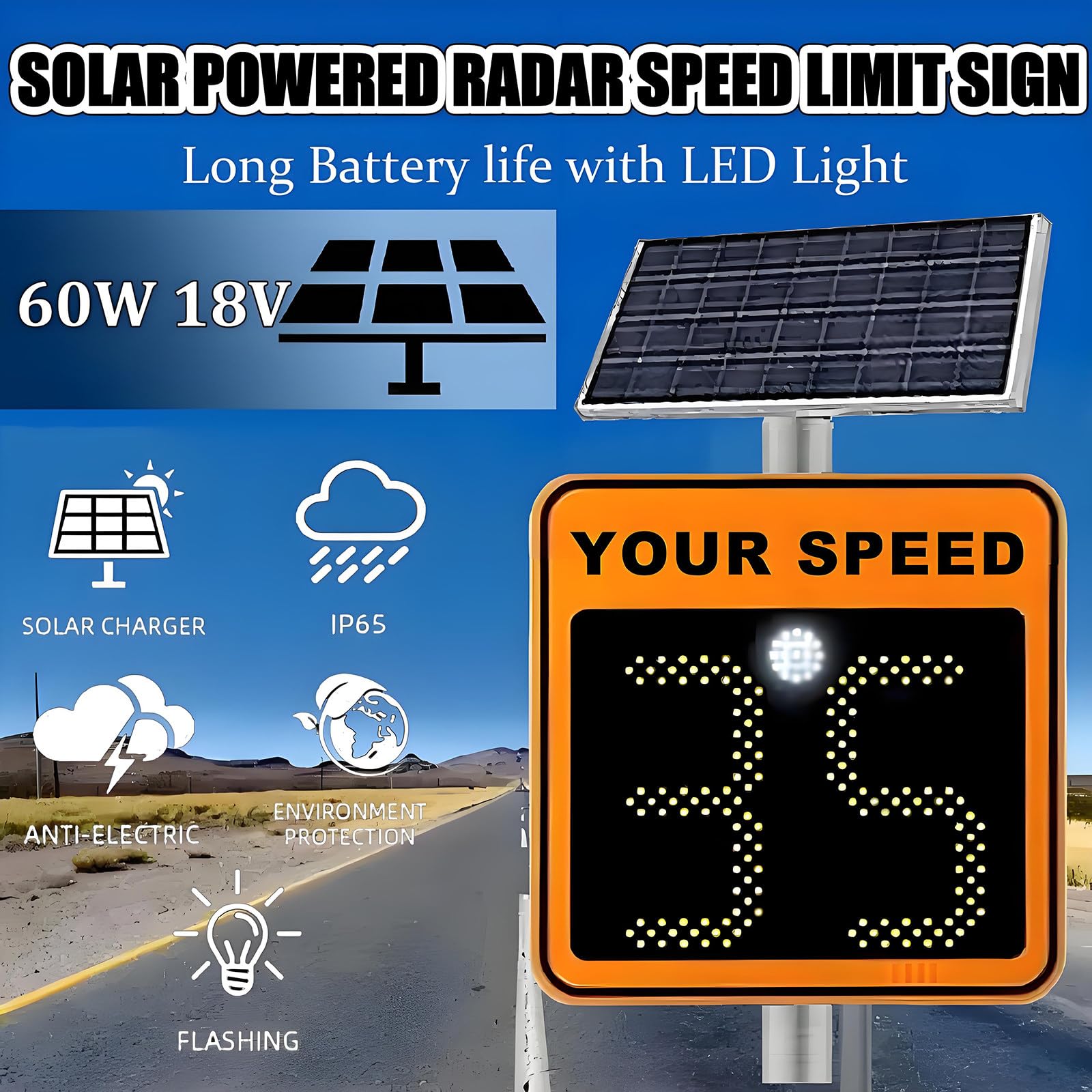 Detector de velocidad de radar solar con pantalla LED para advertencia de tráfico de seguridad vial