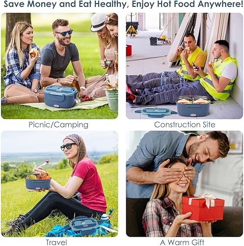 Miniatura 7 de Fiambrera eléctrica con 2 compartimentos, lonchera térmica portátil de 80 W para adultos, 12 V, 24 V, 110 V, caja de almuerzo autocalentable para