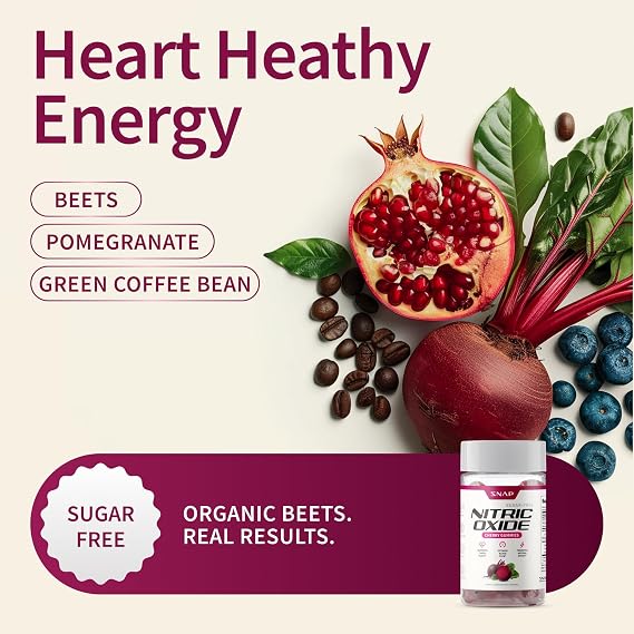 Snap Supplements Nitric Oxide Beet Root Gummies, Cherry, 60 Count (3-Pack) | Sugar Free, For Men & Women, Heart Health & Circulation, Organic Beetroot Extract, Natural Energy, B12, Beets Gummies