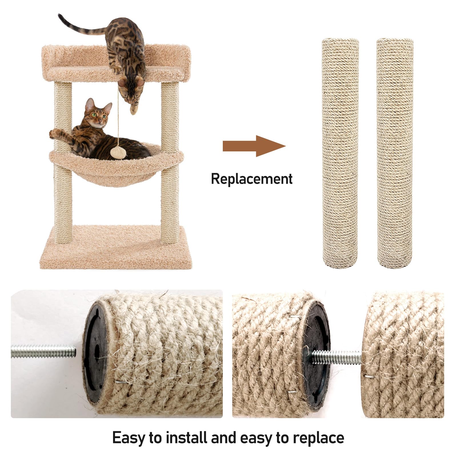 BORDEAG 2 Piezas Poste Rascador para Gatos, 40 * 8cm Recambio Rascador para Gatos, Poste De Repuesto para Rascar Sisal Natural Poste Rascador De Gatos para Gatitos Torre De Árbol De Gato