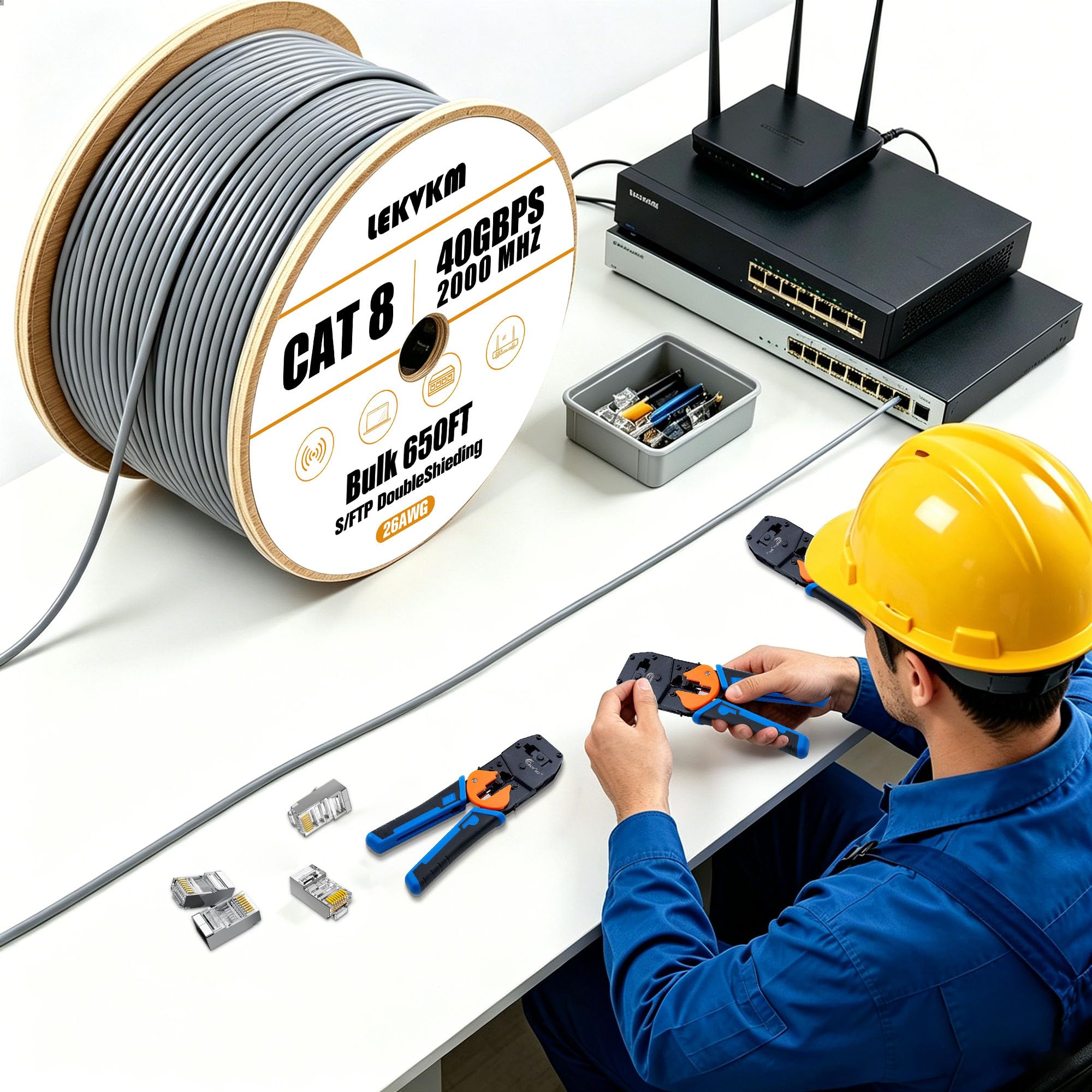 Cable Ethernet Cat8 de 650 pies S/FTP para exteriores e interiores, cable de red LAN Cat8 de alta velocidad, 40 Gbps 2000 MHz con conector RJ45 chapado en oro, resistente a la intemperie, para