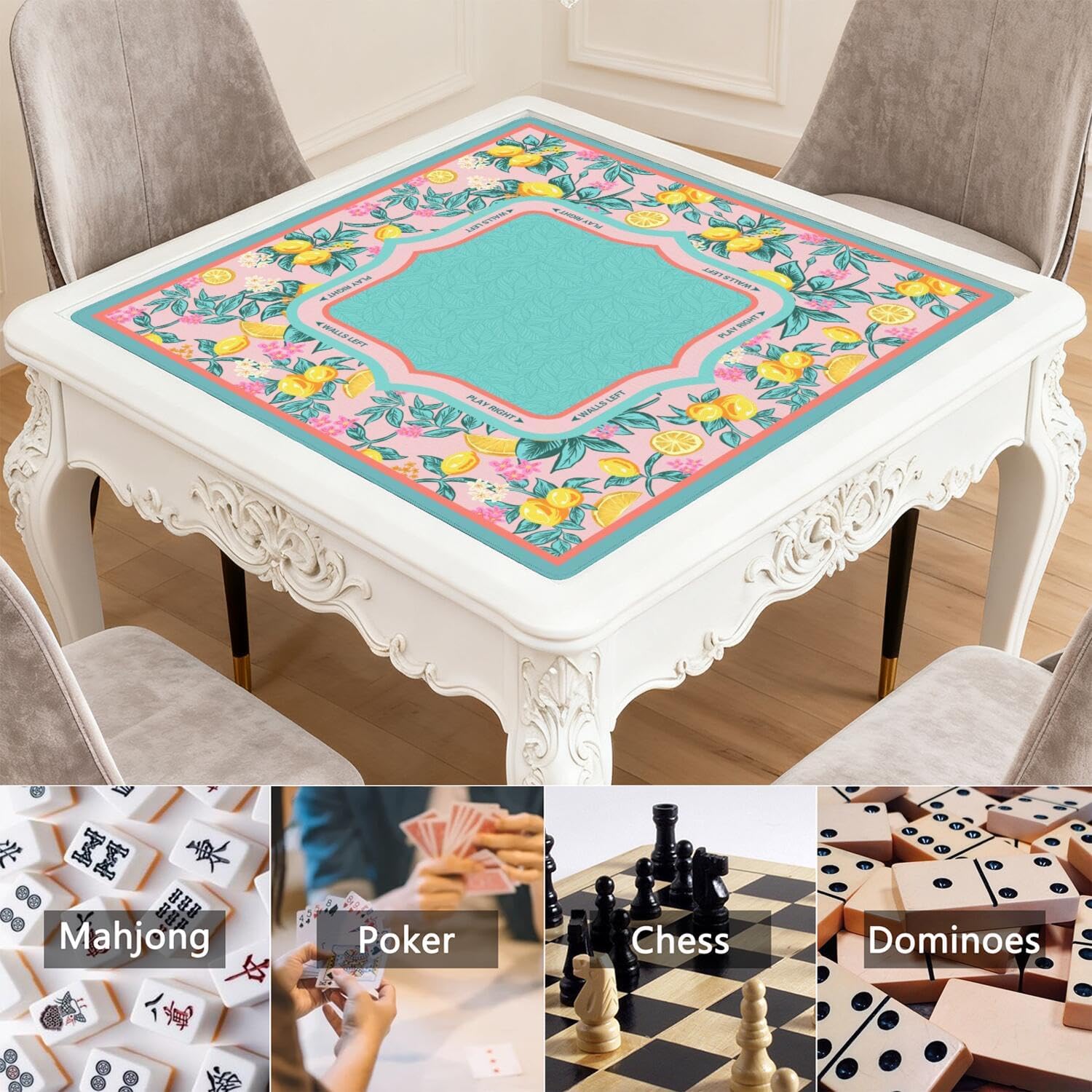 Blue Mahjong Mat for Table, 31.5*31.5in Anti Slip American Mahjong Table Cloth, Noise Reduction, Neoprene Mah jongg Mat with Carrying Bag & 3 Dices, Mahjong Accessories Gift for Board Tile Games Mats
