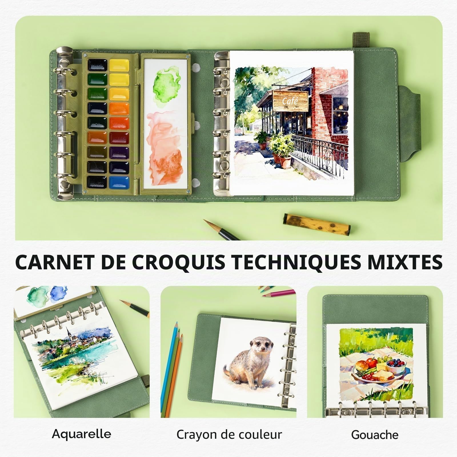 Carnet de Croquis Aquarelle Portable - Coffret de Voyage avec Papier Coton, Palette Céramique 18 Godets & Pinceaux | Journal (13x11 cm) pour Peinture en Extérieur, Plein Air et Artistes Itinérants