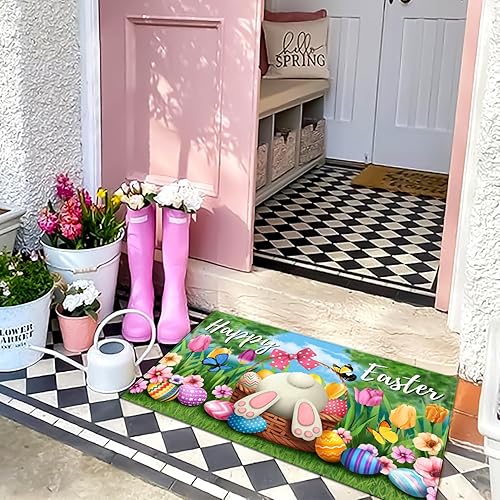 Miniatura 7 de Felpudo decorativo de Pascua con huevos de conejo, bienvenida, para interiores y exteriores, tapete de entrada de primavera, antideslizante,