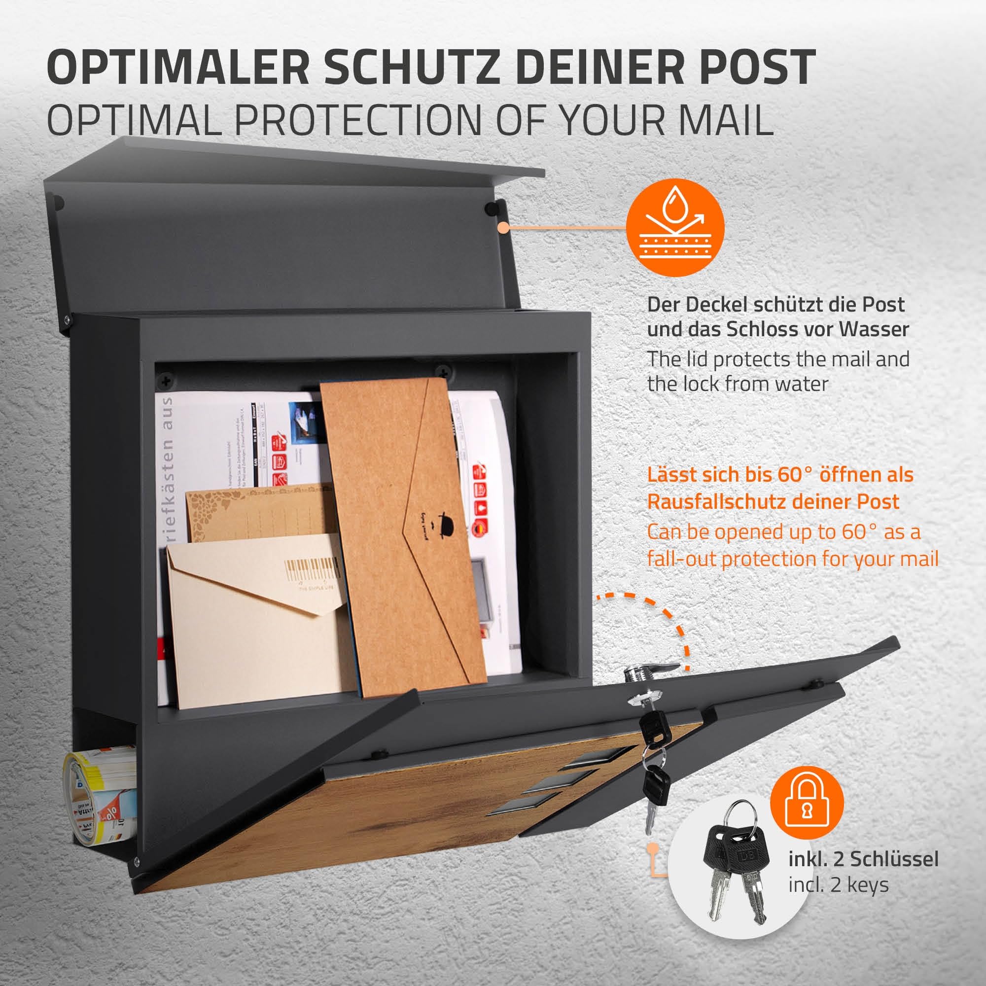 ML-Design Buzón De Correo con Compartimento para El Periódico 37x36,5x11 cm Acero Antracita Aspecto De Madera con 3 Ventanillas 2 Llaves Solapa De Cierre Total Diseño Moderno Montado En La Pared