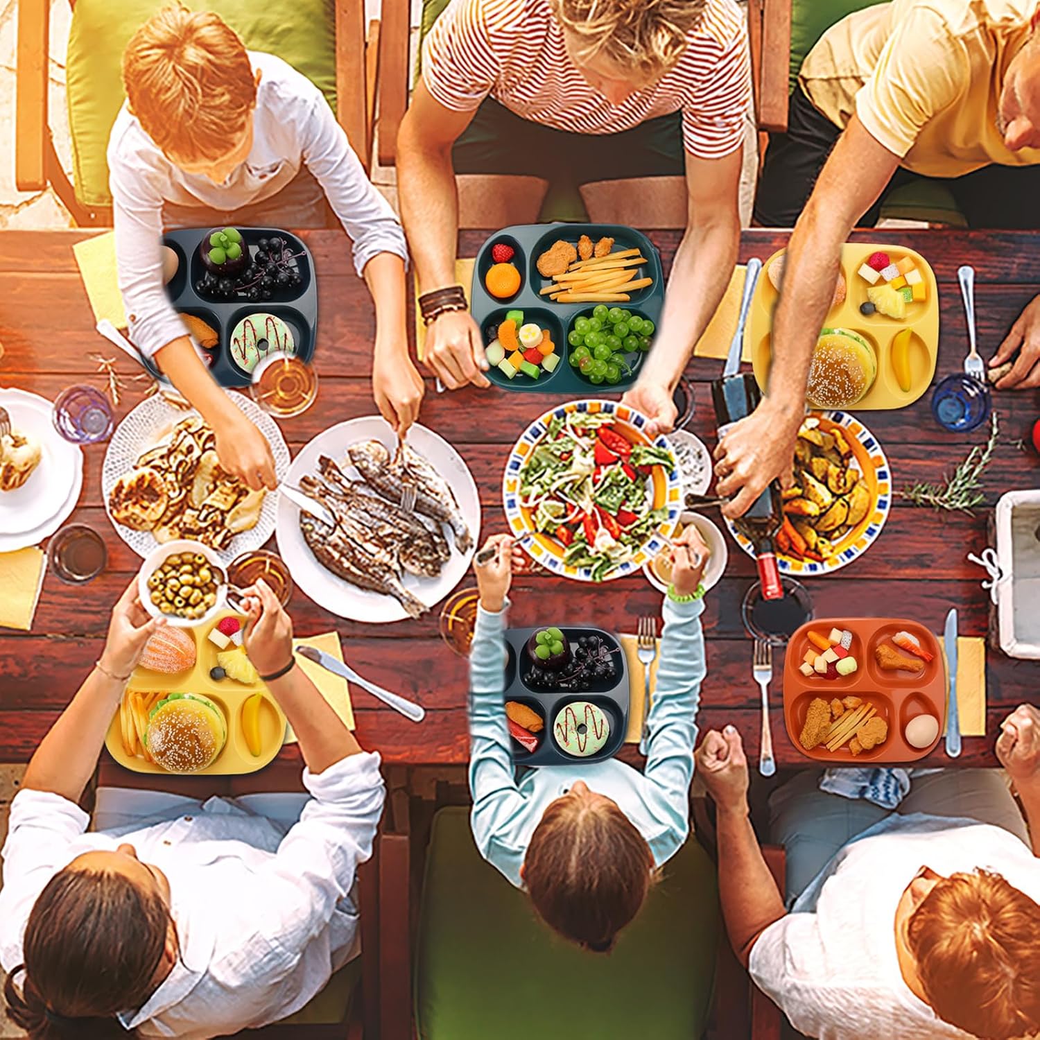 Vesici 8 Pcs 9'' Unbreakable Divided Plates Food Separator Dinner Plates Reusable Compartment Lunch Trays Dishwasher Microwave Safe(Yellow, Orange, Dark Green, Navy Blue) - Image 6