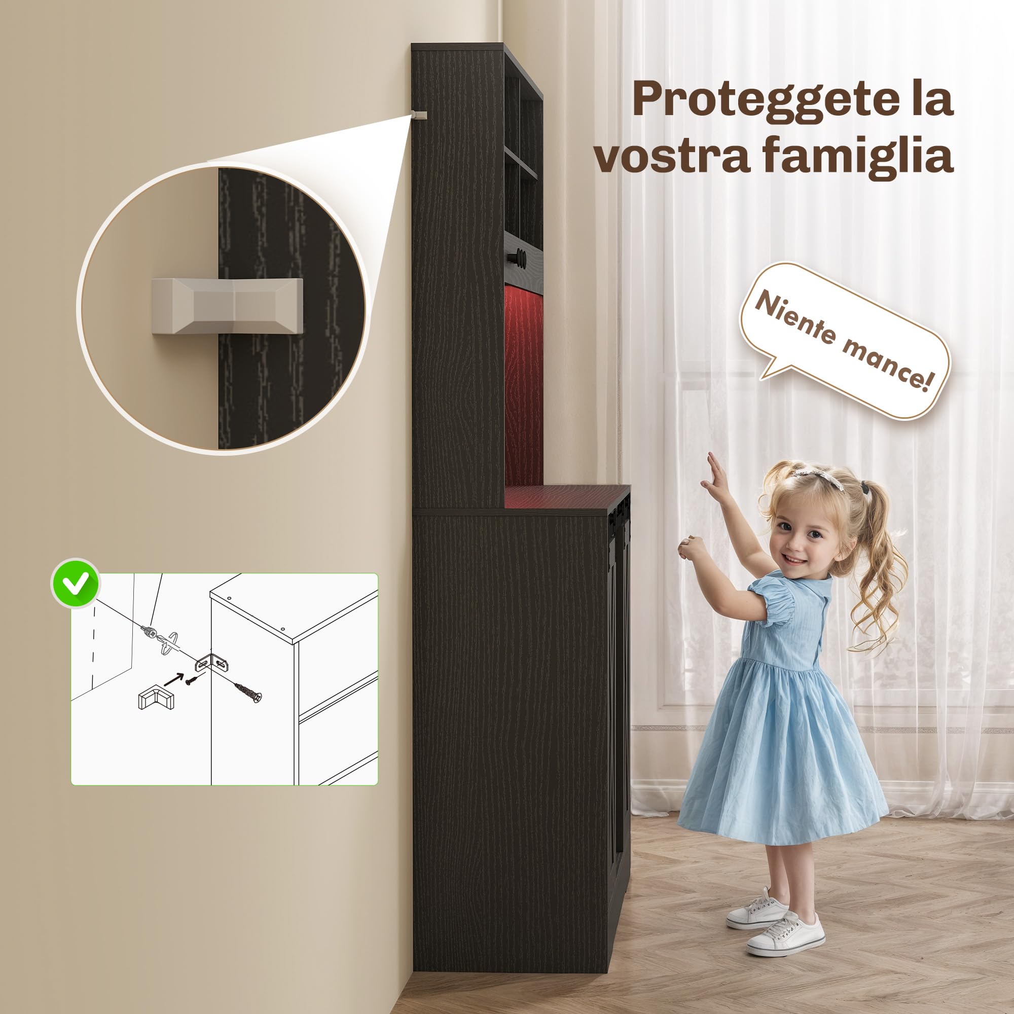 HOMCOM Credenza Cucina, Mobile Dispensa con Prese di Ricarica, Luci LED Regolabili, Portabottiglie Rimovibile per 6 Bottiglie, Mobile Buffet Ripiani Aperti, Ante Scorrevoli, per Sala da Pranzo, Nero