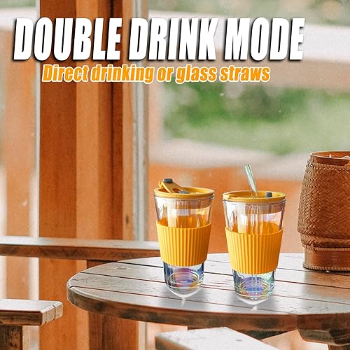 Miniatura 6 de KOPWVA Vaso de vidrio de 15 onzas con popote y tapa de vidrio, taza de café helado Aurora de 15.2 fl oz con funda protectora de silicona, cabe en