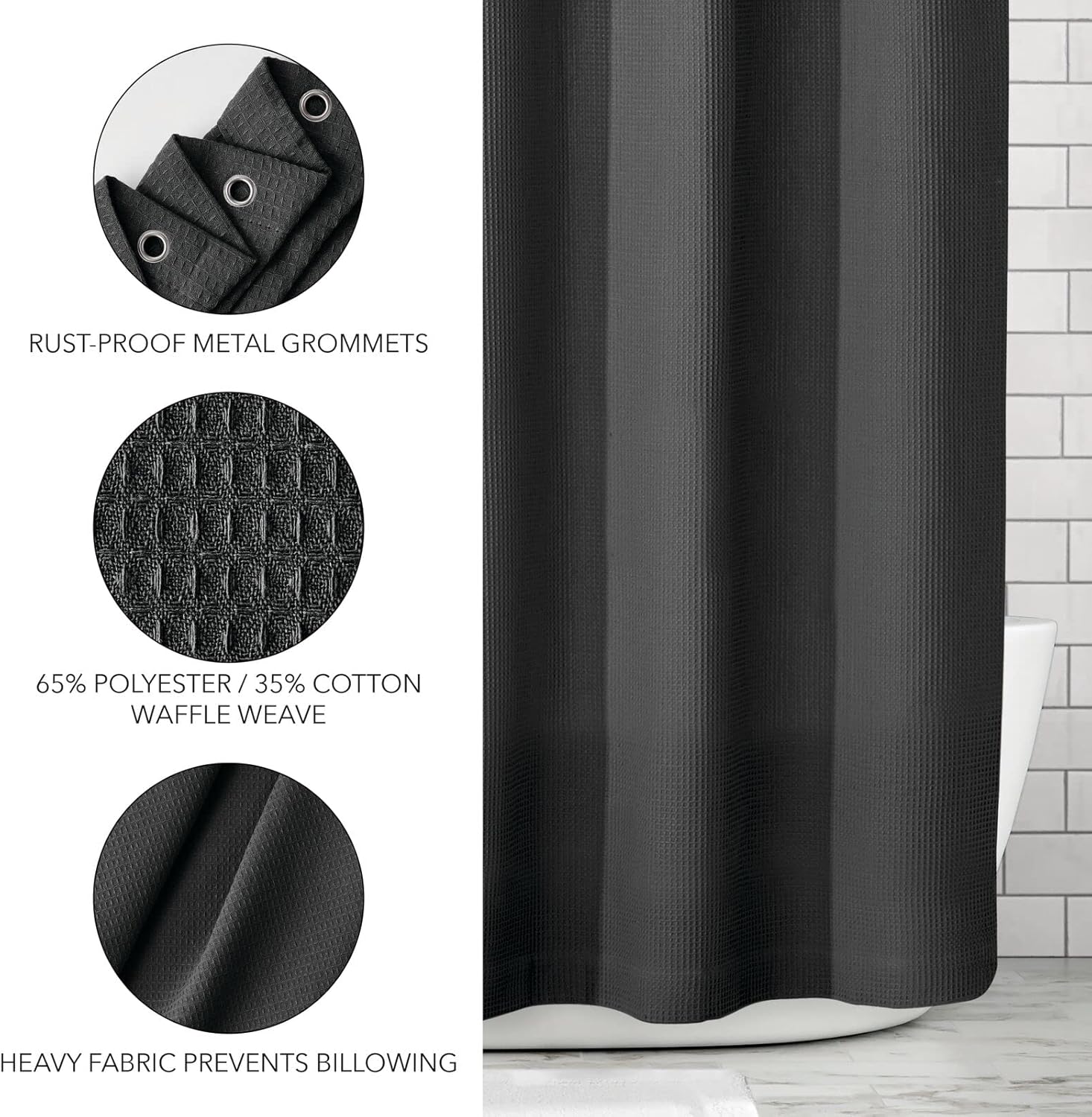 mDesign Waffle Knit Shower Curtain - Long Cotton Blend Bathroom Shower Curtain - Spa Quality, Luxury, Solid Color Cloth Shower Curtains for Bathroom - Hyde Collection, 72" x 84", Black : Home & Kitchen