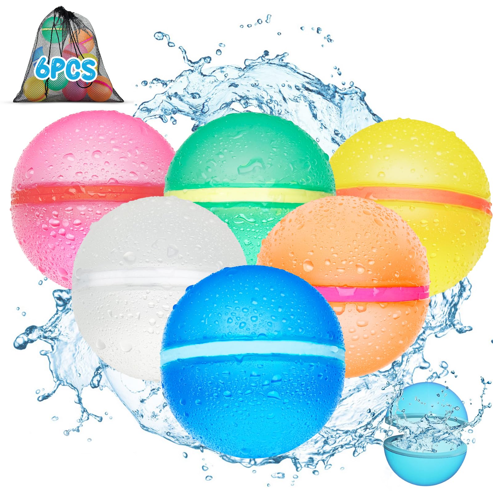 Reusable Water Balloons for Kids - Summer Toys, Pool Beach Water Toys for Boys and Girls, Silicone Water Balloons Quick Fill Splash Balls Bomb Party Supplies Outdoor Idea with Mesh Bag (6 pcs)