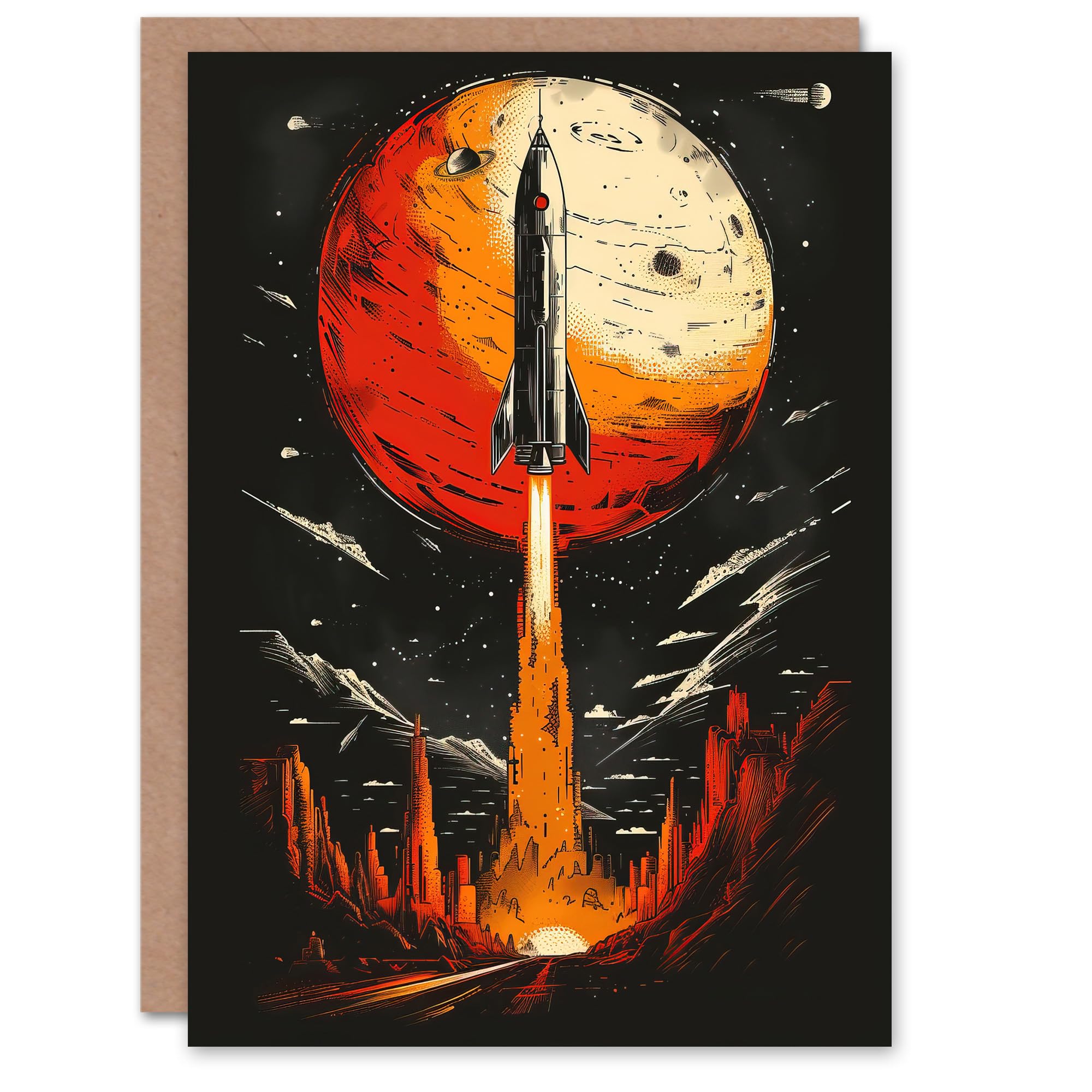 Artery8 Greeting Card Rocket Launch Alien Planets Space Exploration Blank For Him Or Her Art Birthday Card