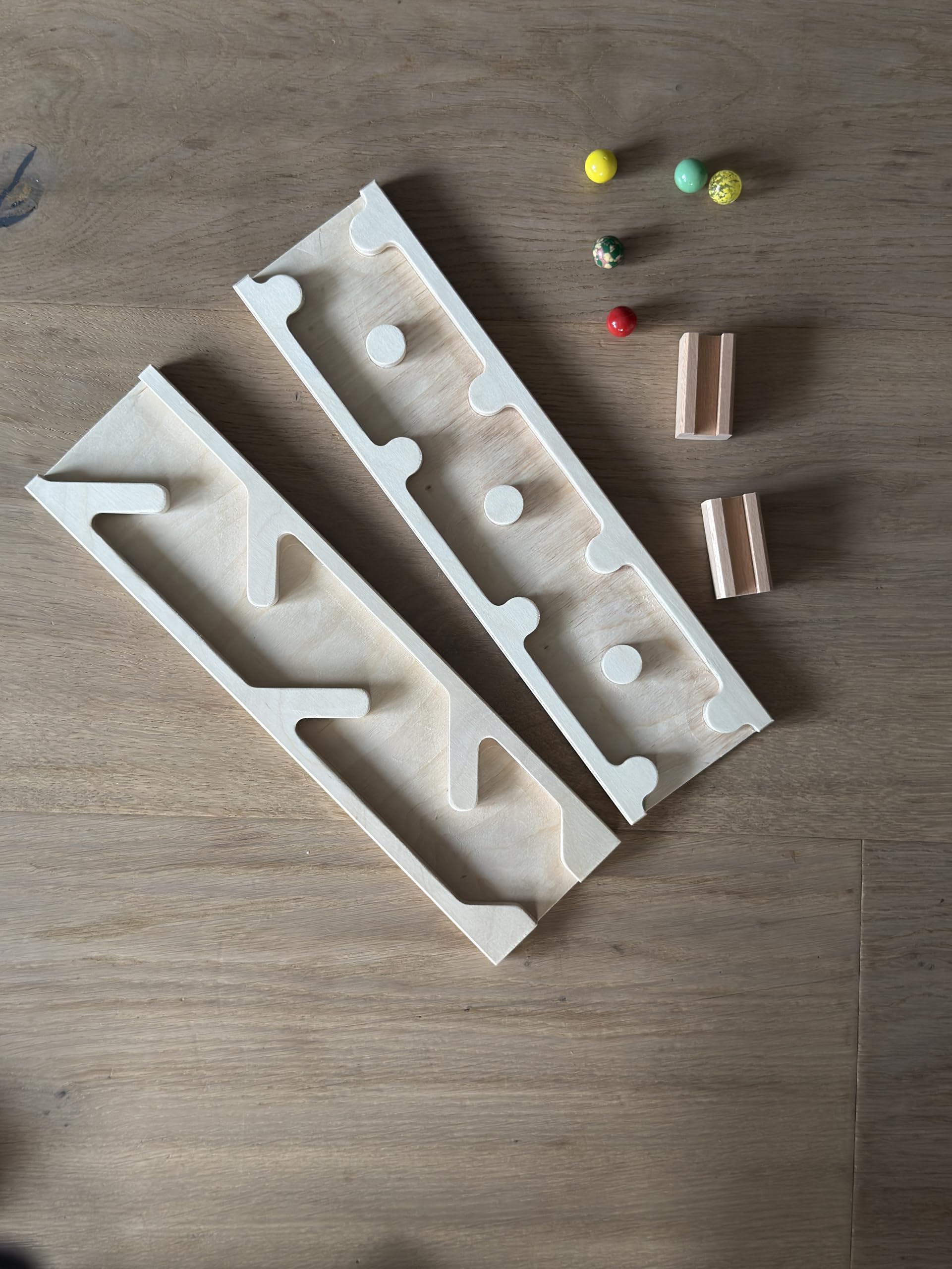 Murmelbahn-Set 2er Kombi, Schlängelplatten, Hinternissplatten, Wettrennen Turm, Auffangschale Kugelbahn Holzspielzeug