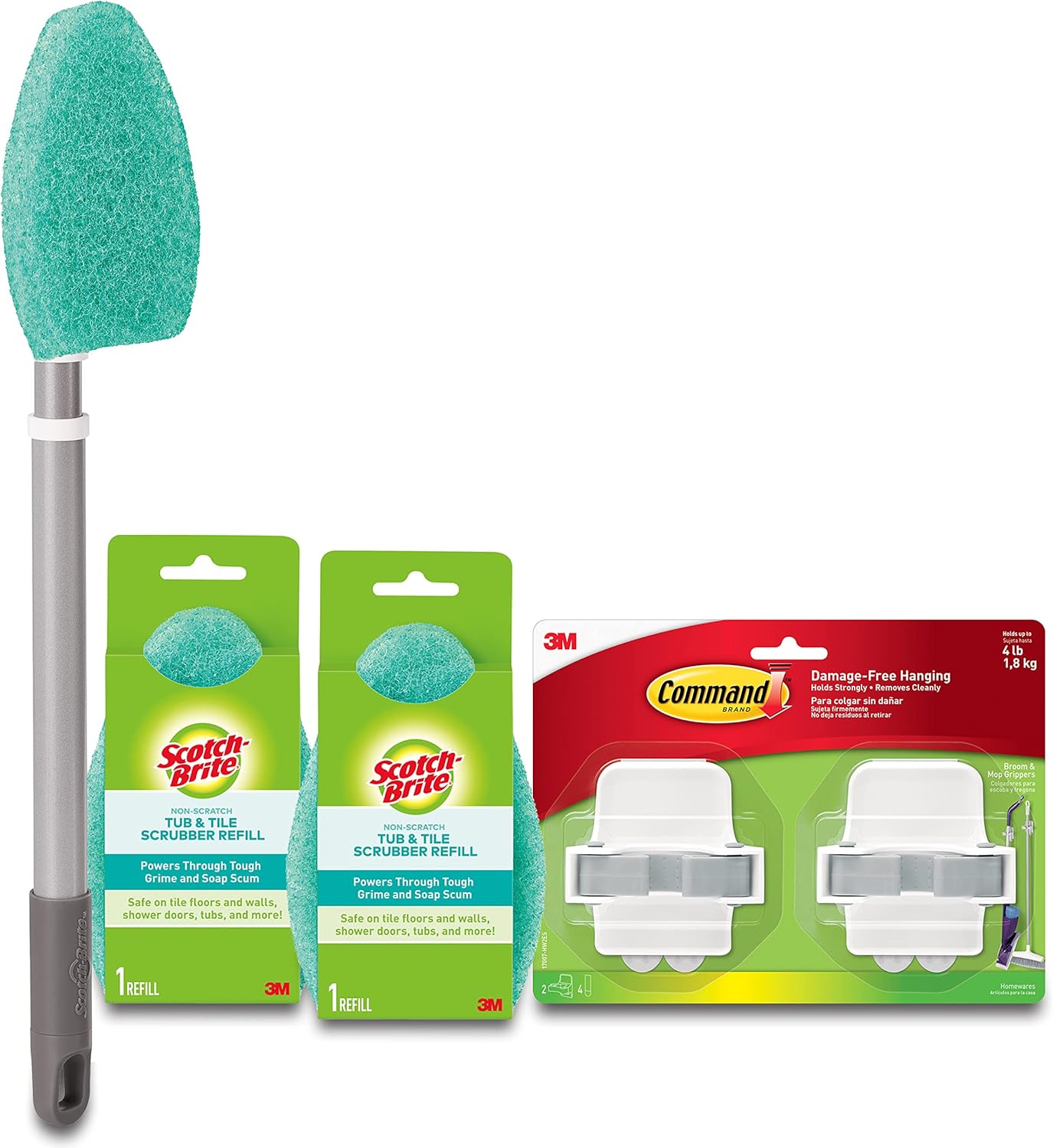 Scotch-Brite Extendable Tub & Tile Scrubber Kit, Includes 1 Handle and 3 Non-Scratch Scrubber Pads + Command Broom and Mop Grippers, 2-Grippers, 4-Strips